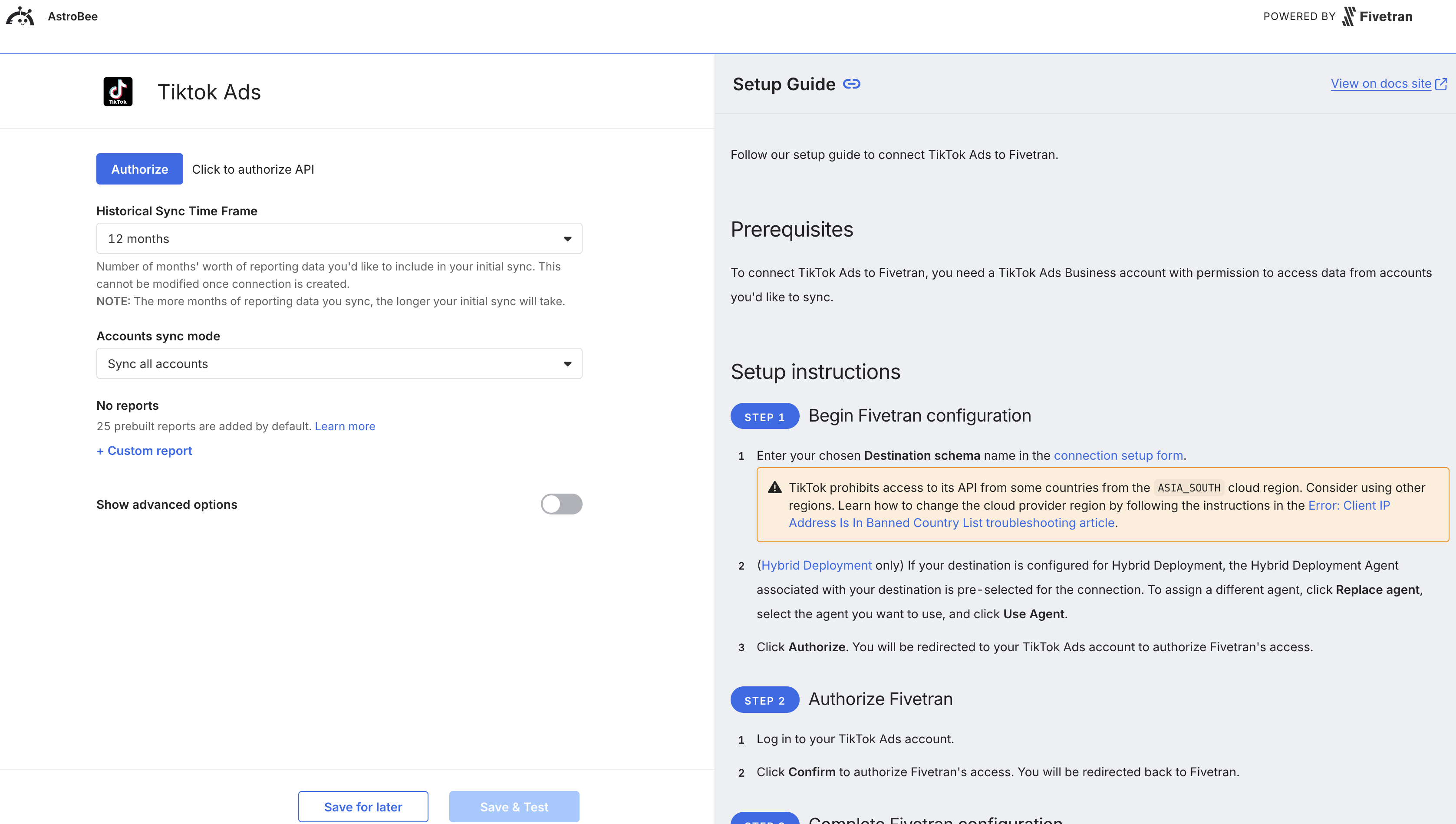 TikTok Ads authentication configuration