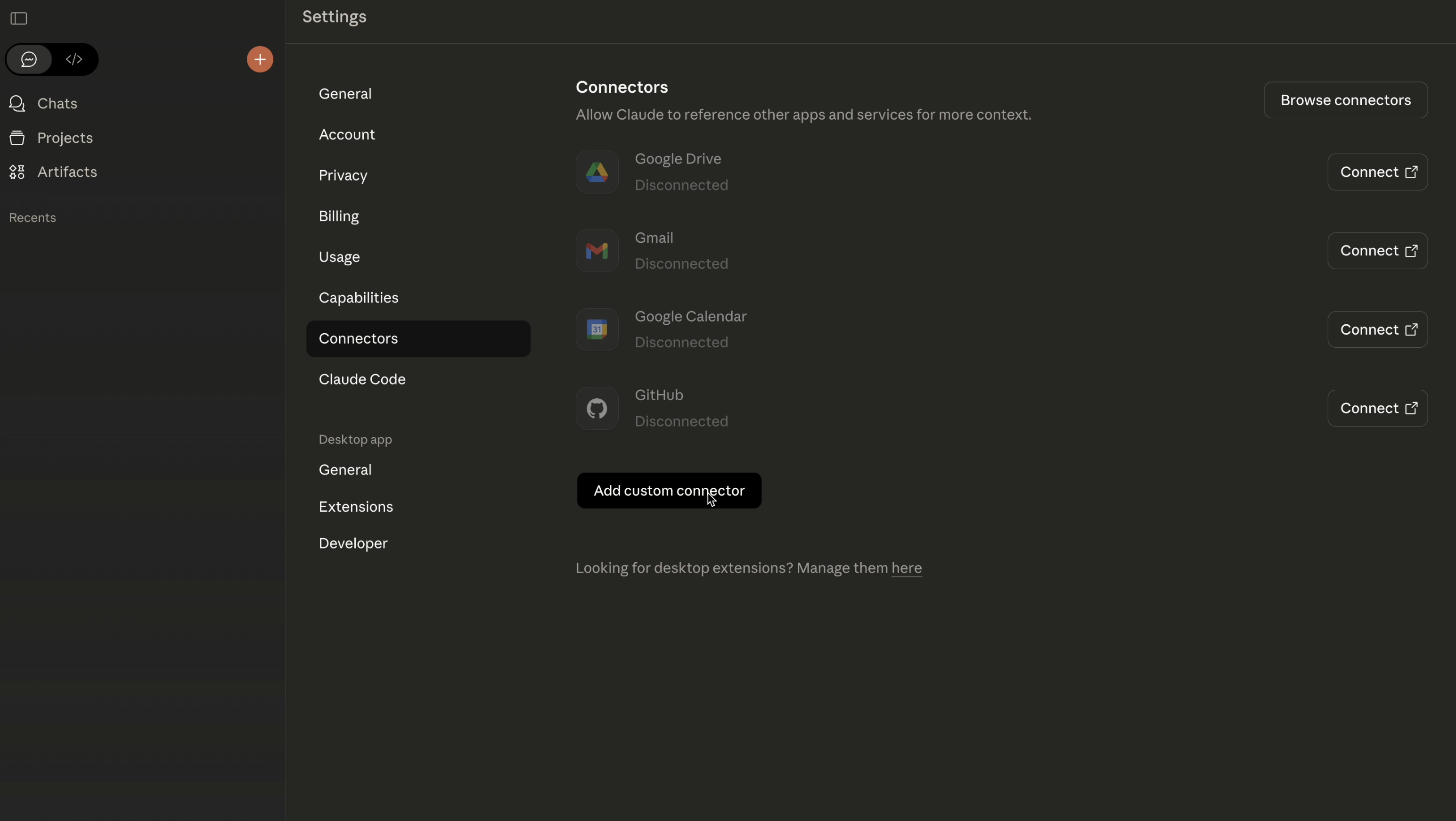 Claude Desktop connectors settings with Add custom connector dialog