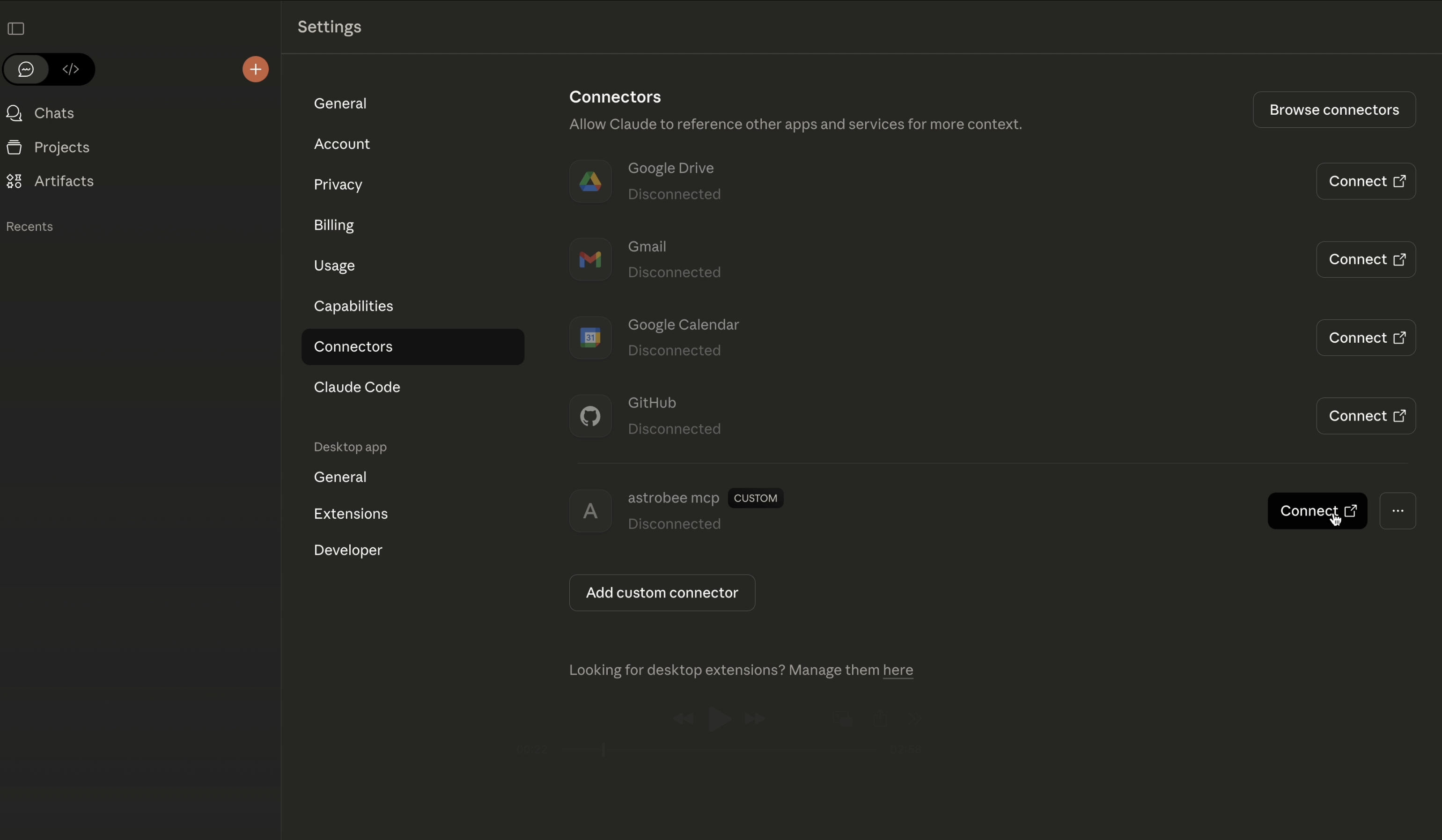 AstroBee MCP connector added to the connectors list