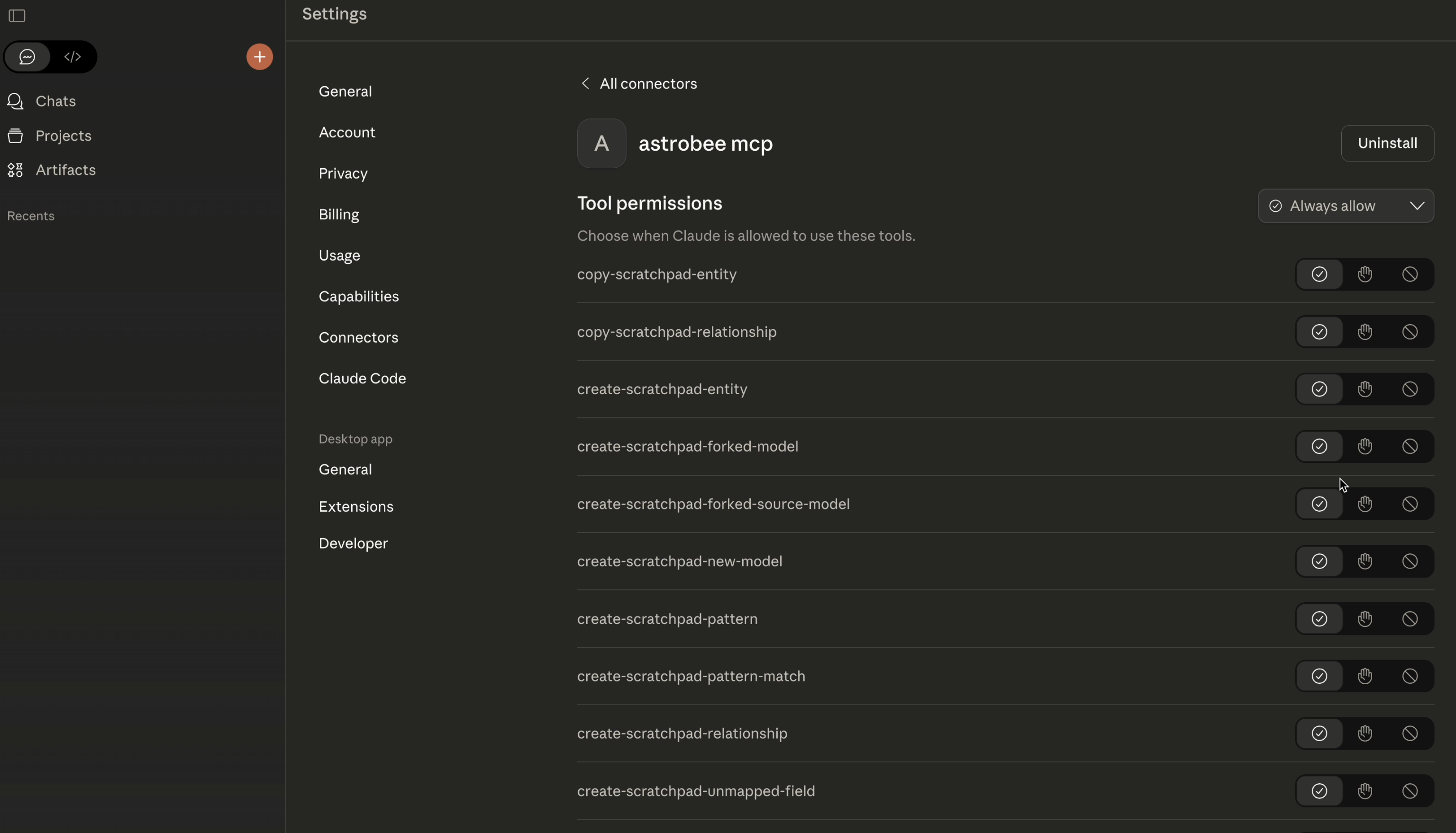 List of available AstroBee MCP tools including list-ontologies, execute-sql, and more