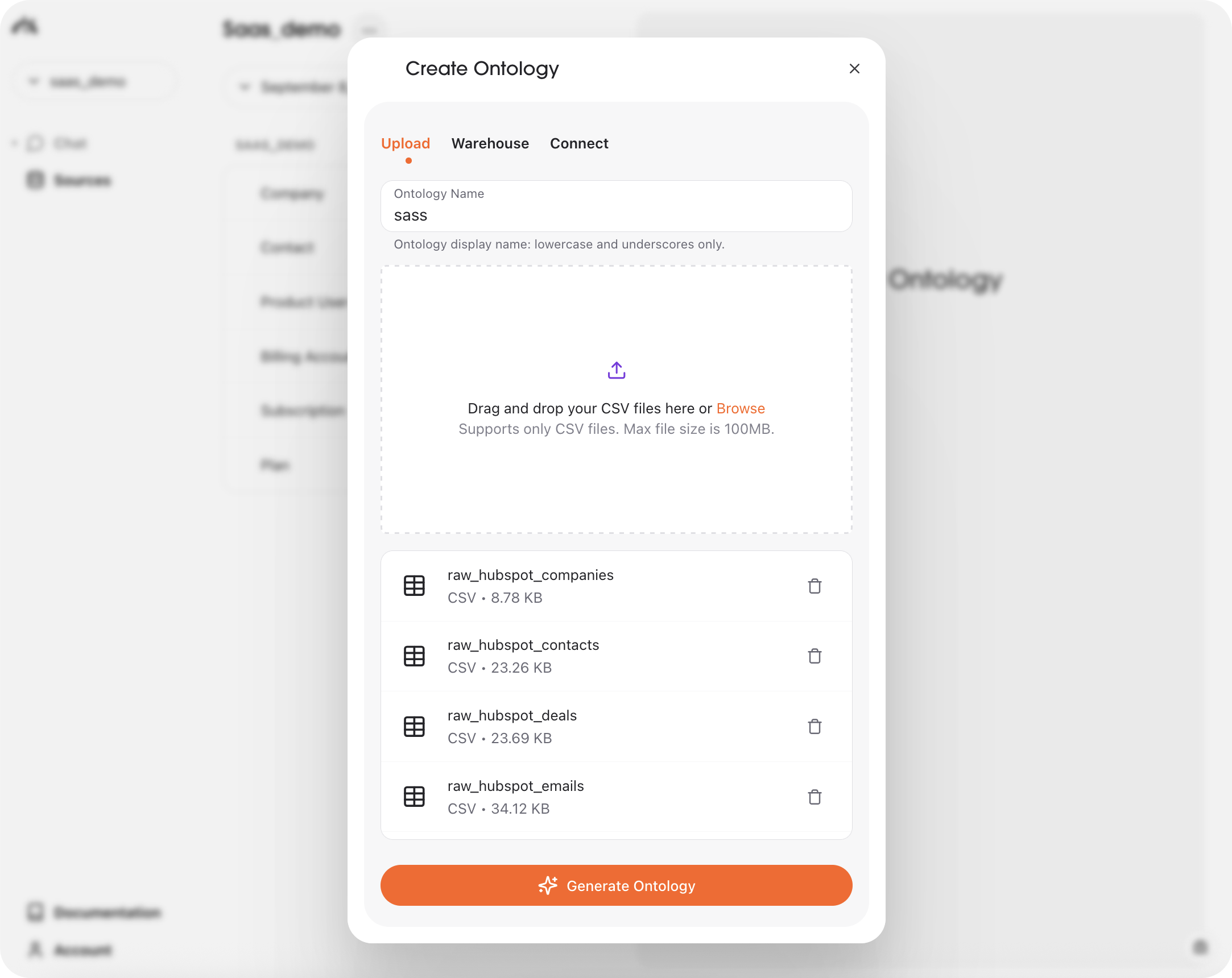 CSV upload interface with file selection
