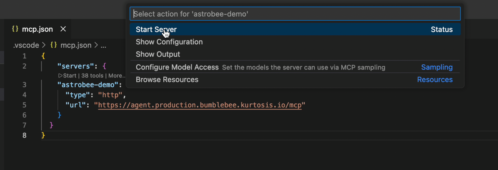 VS Code showing the MCP server with a Start server button