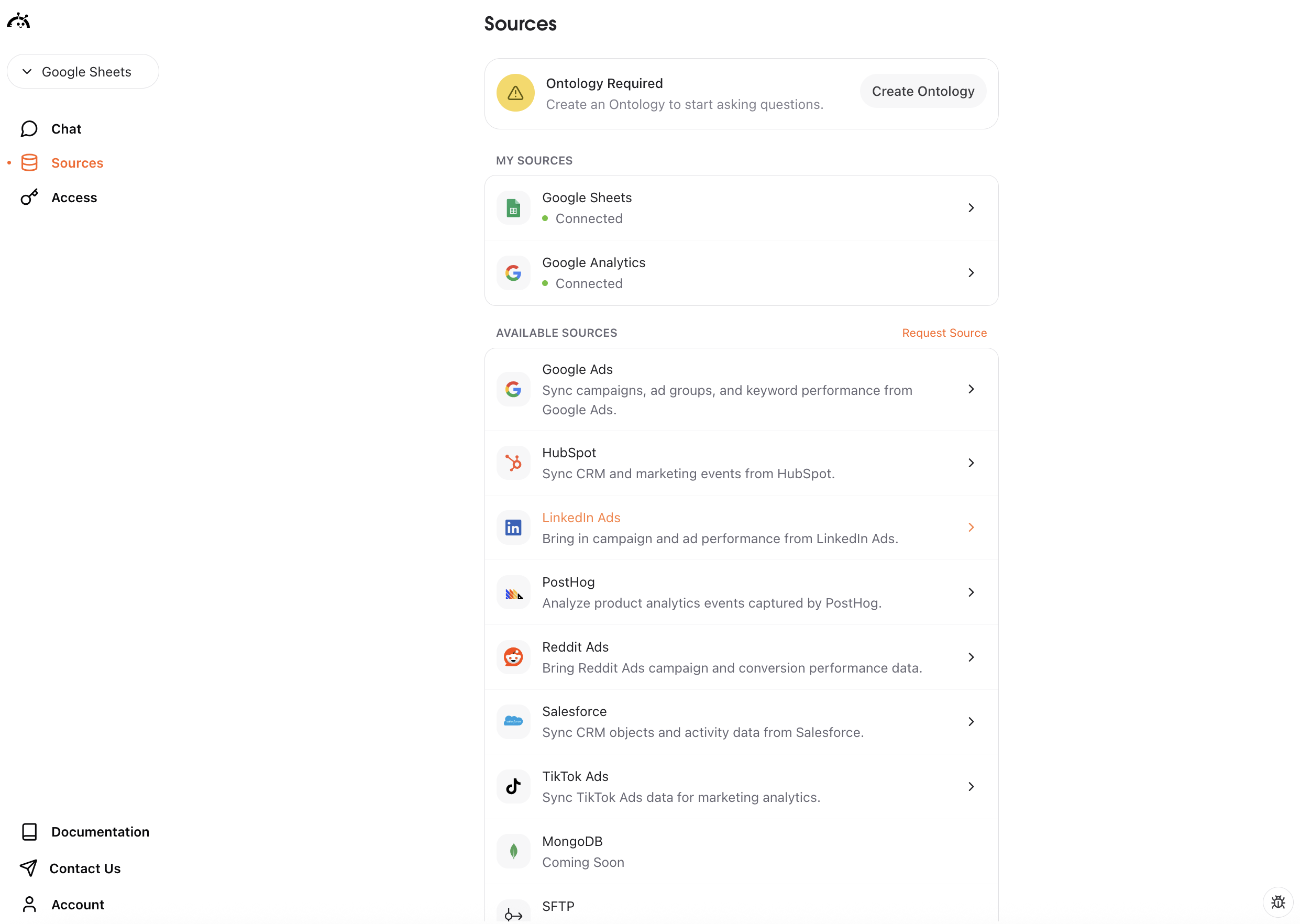 Sources page showing LinkedIn Ads connector