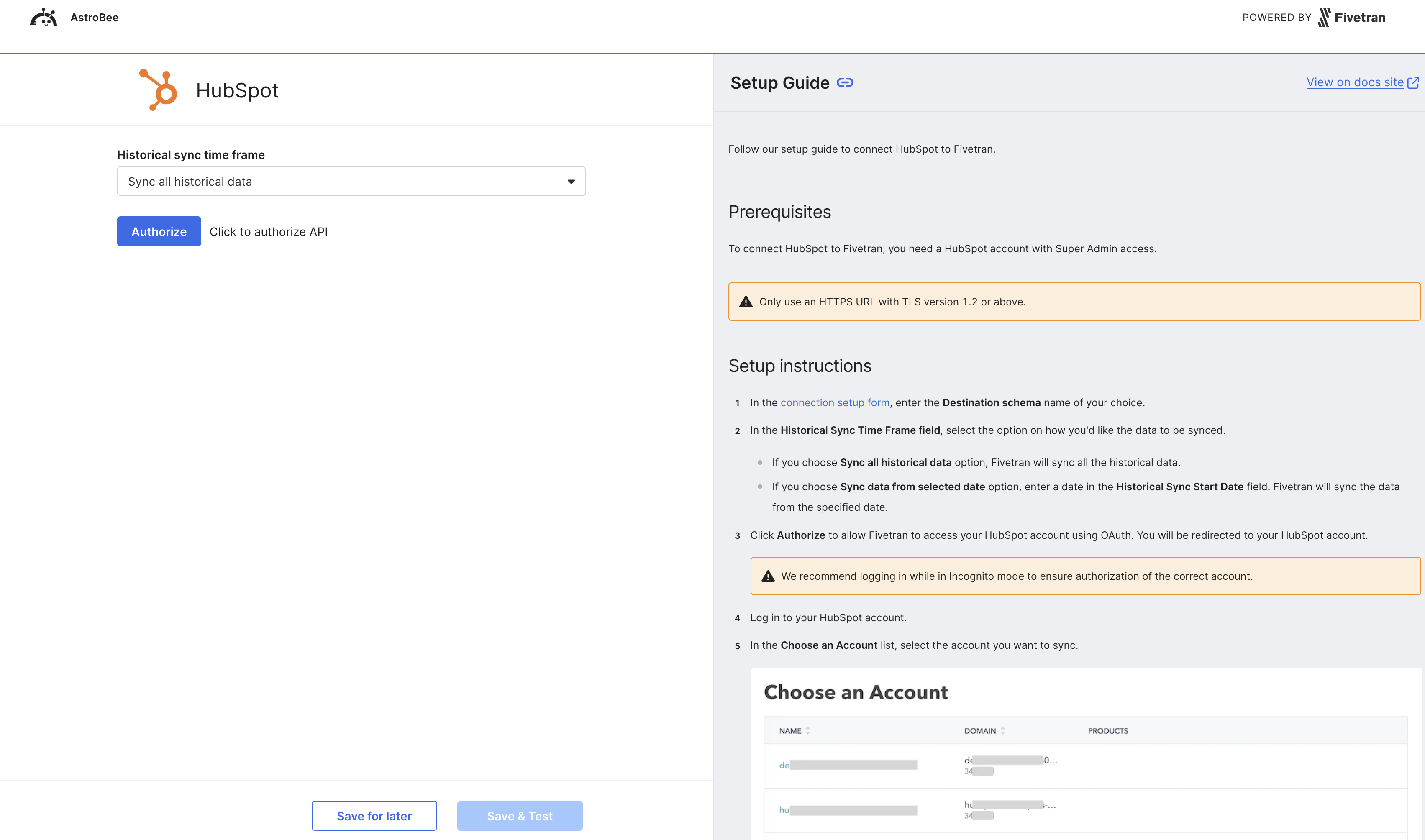 HubSpot authentication configuration