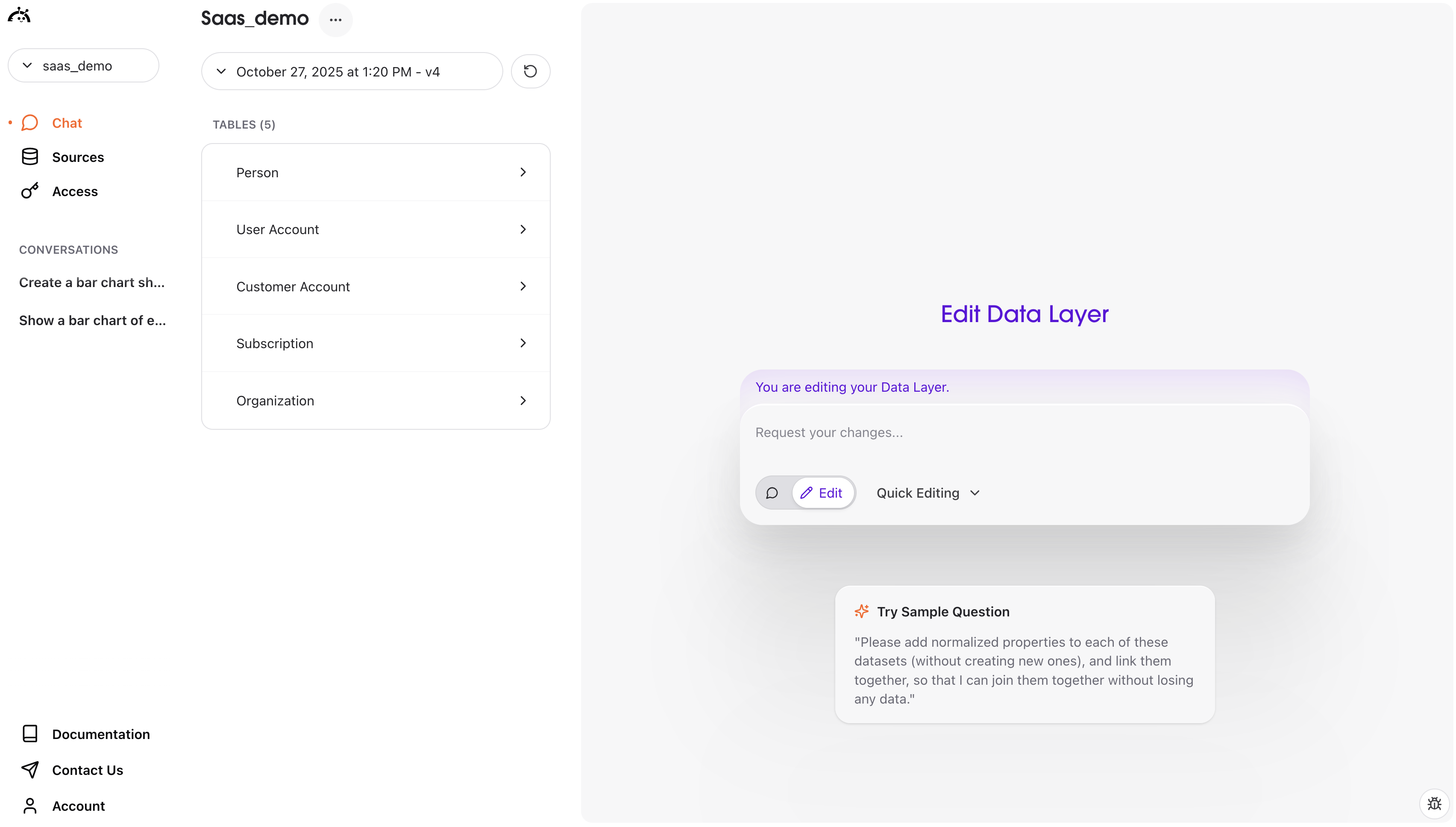 Data Layer interface showing entity list and properties