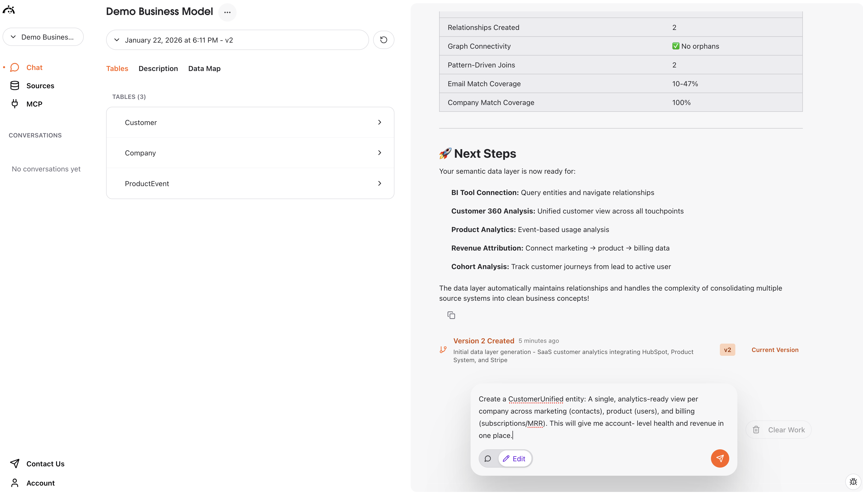 Data Layer editing interface with chat