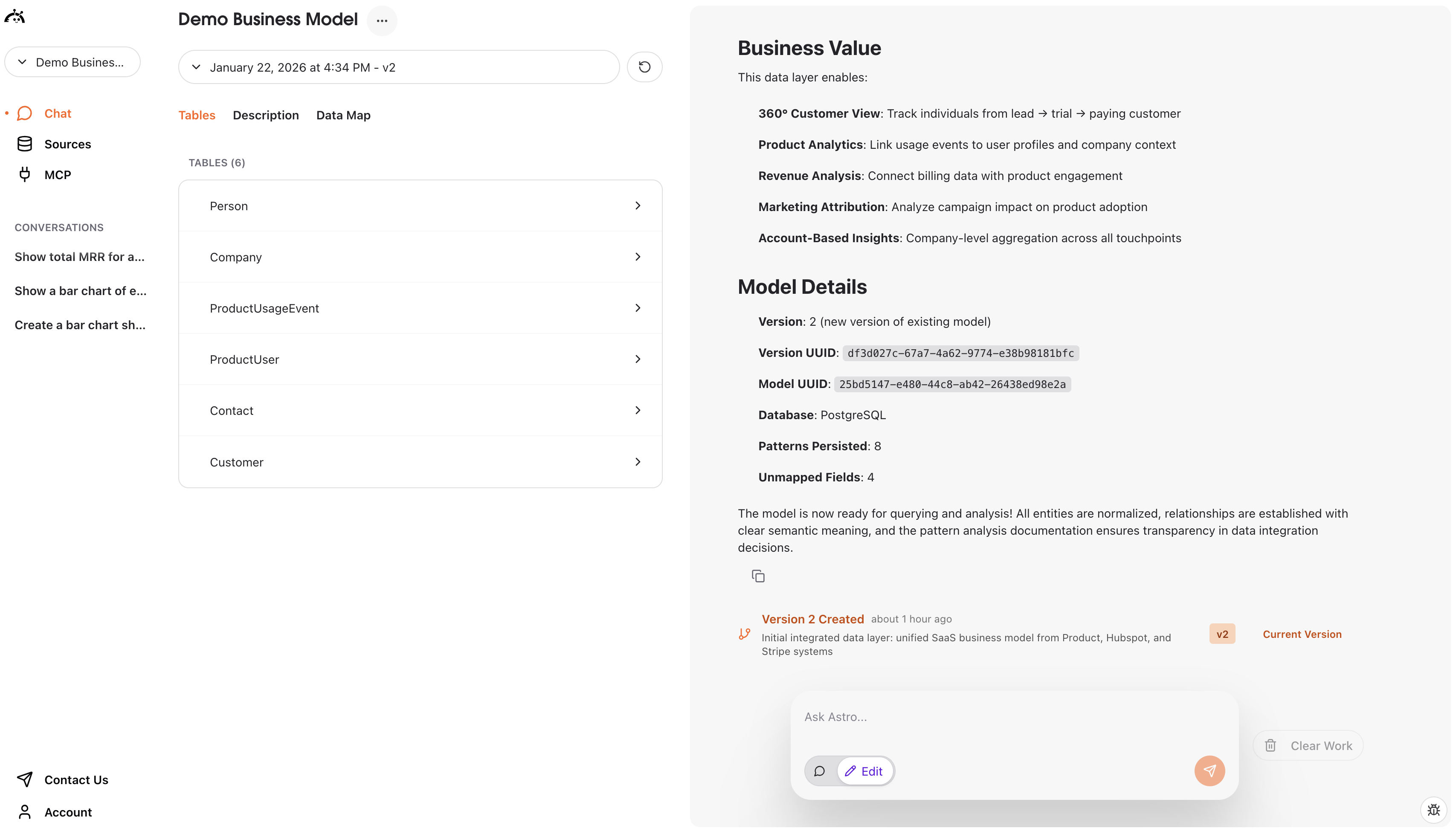 Data Layer interface showing entity list and properties