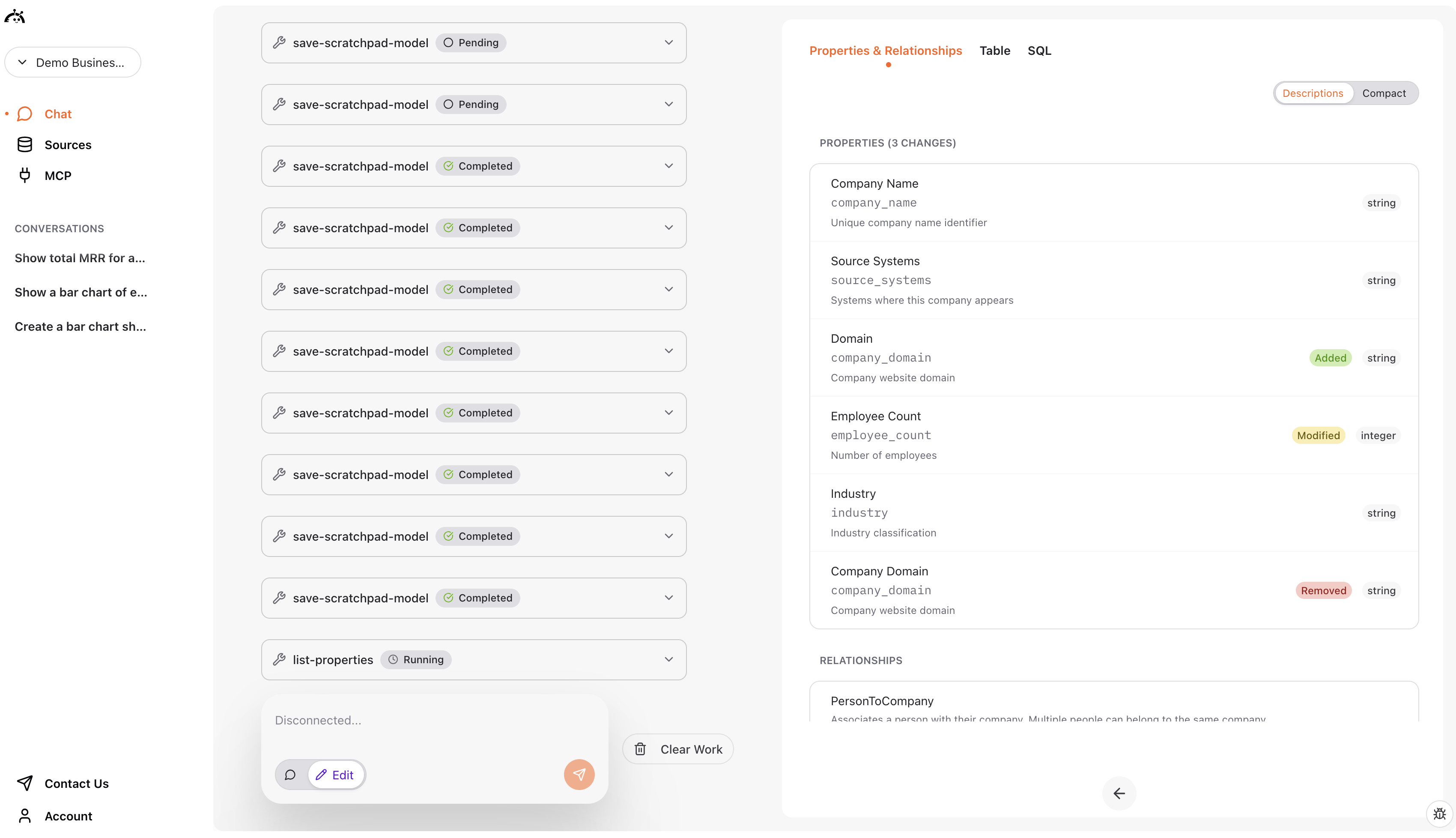 Detailed view of property changes