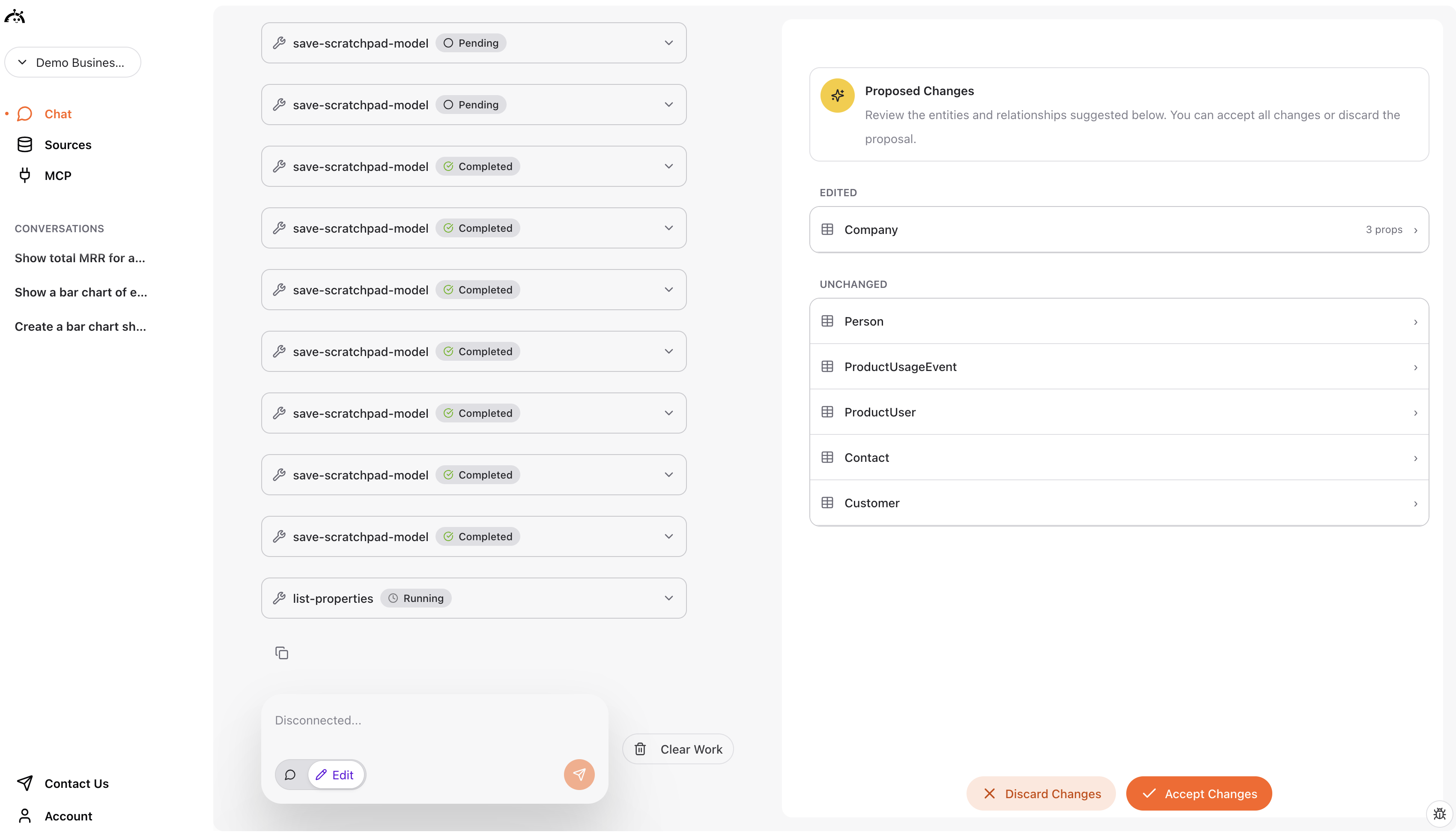 Proposed Changes panel showing edited and unchanged entities