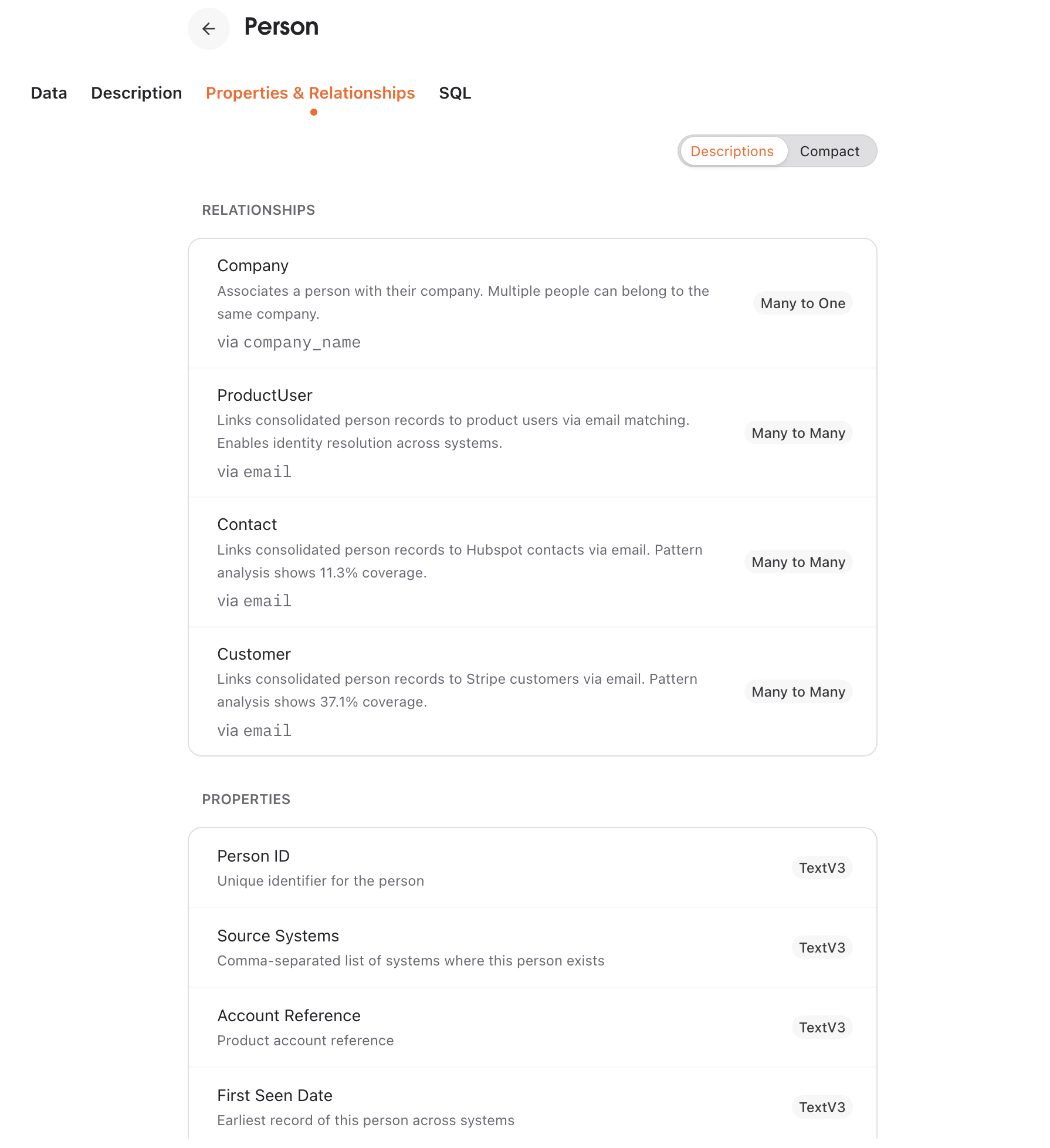 Properties and relationships view showing entity structure