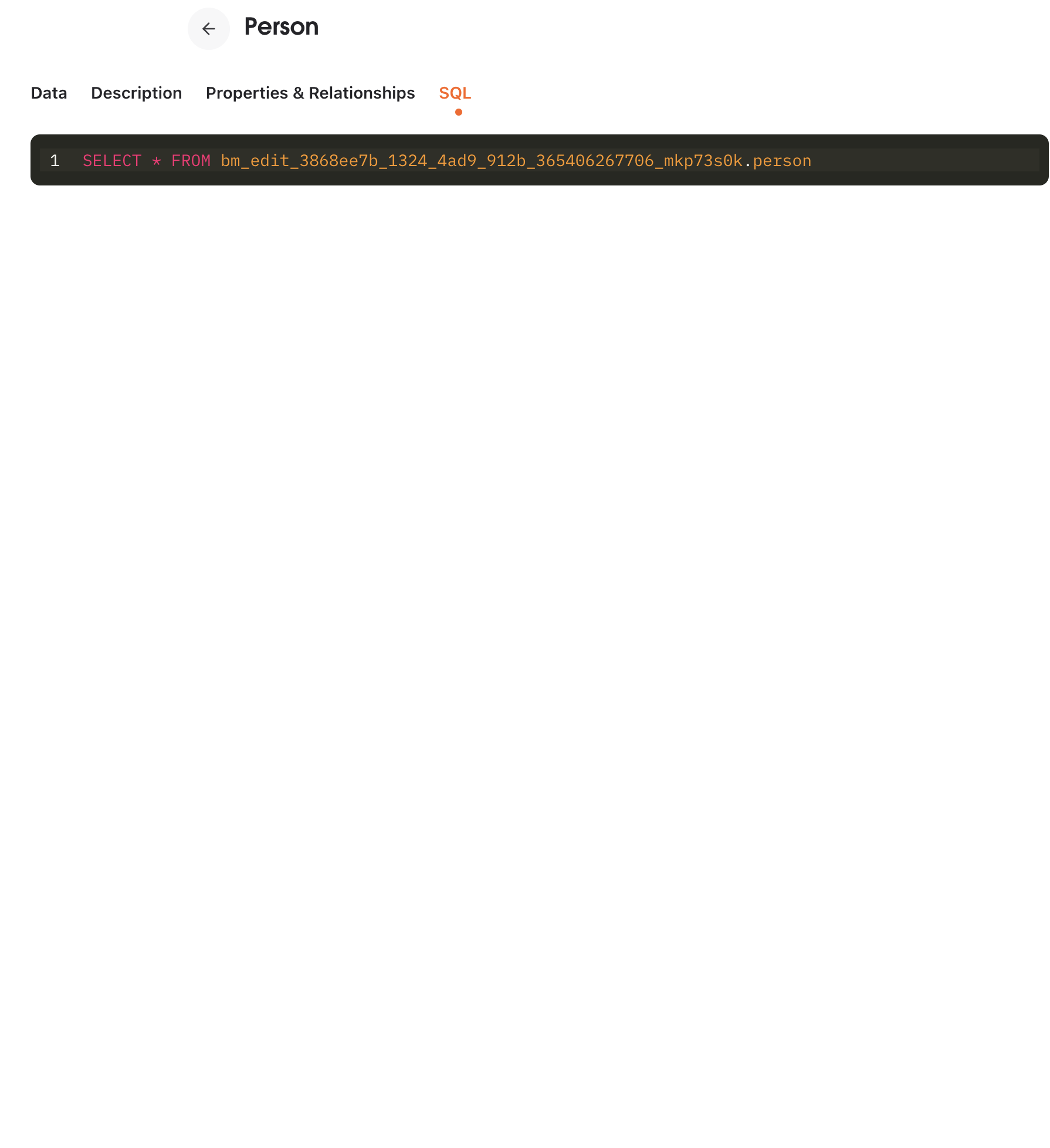 SQL tab showing the entity's underlying query