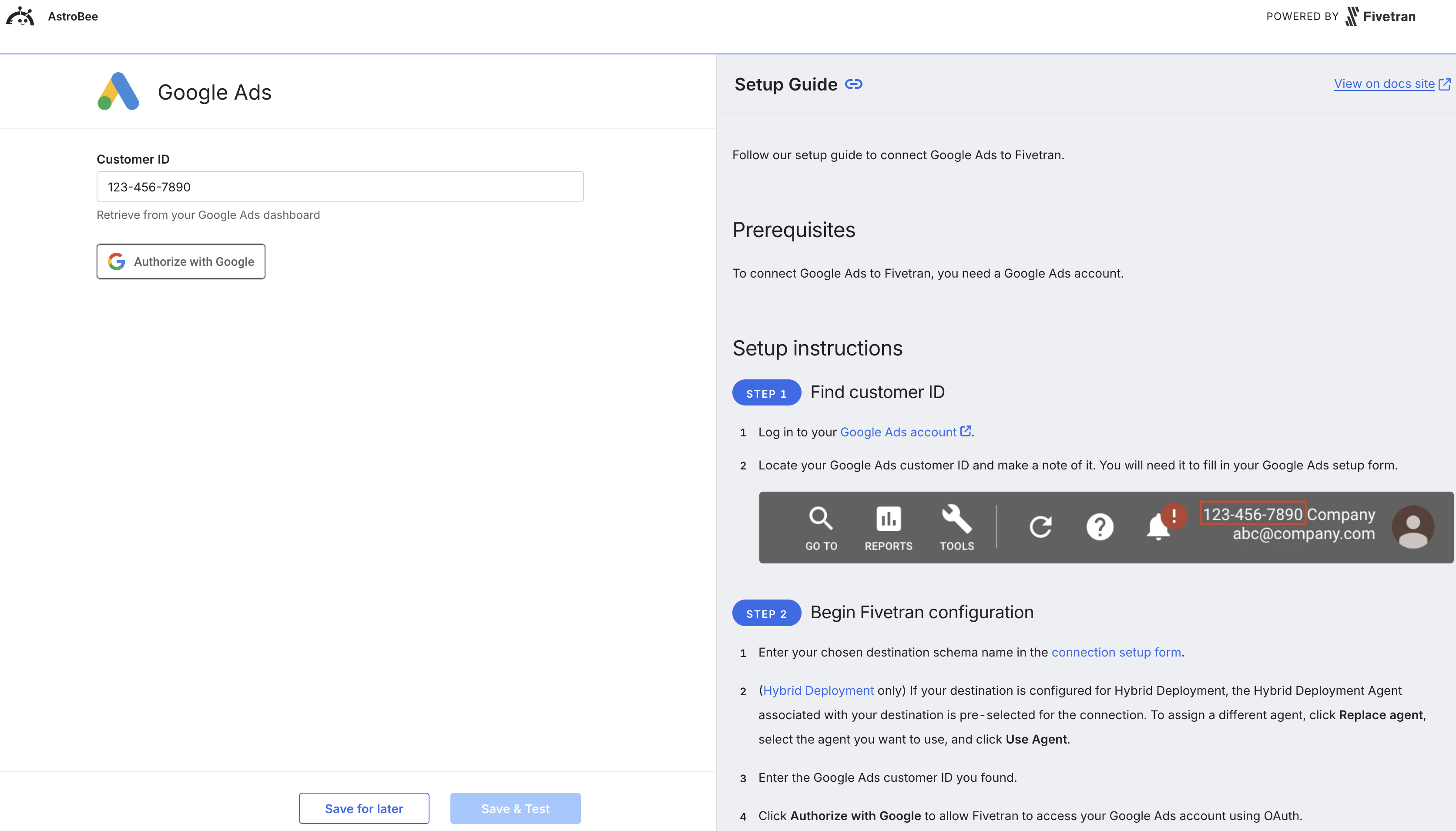 Google Ads authentication configuration