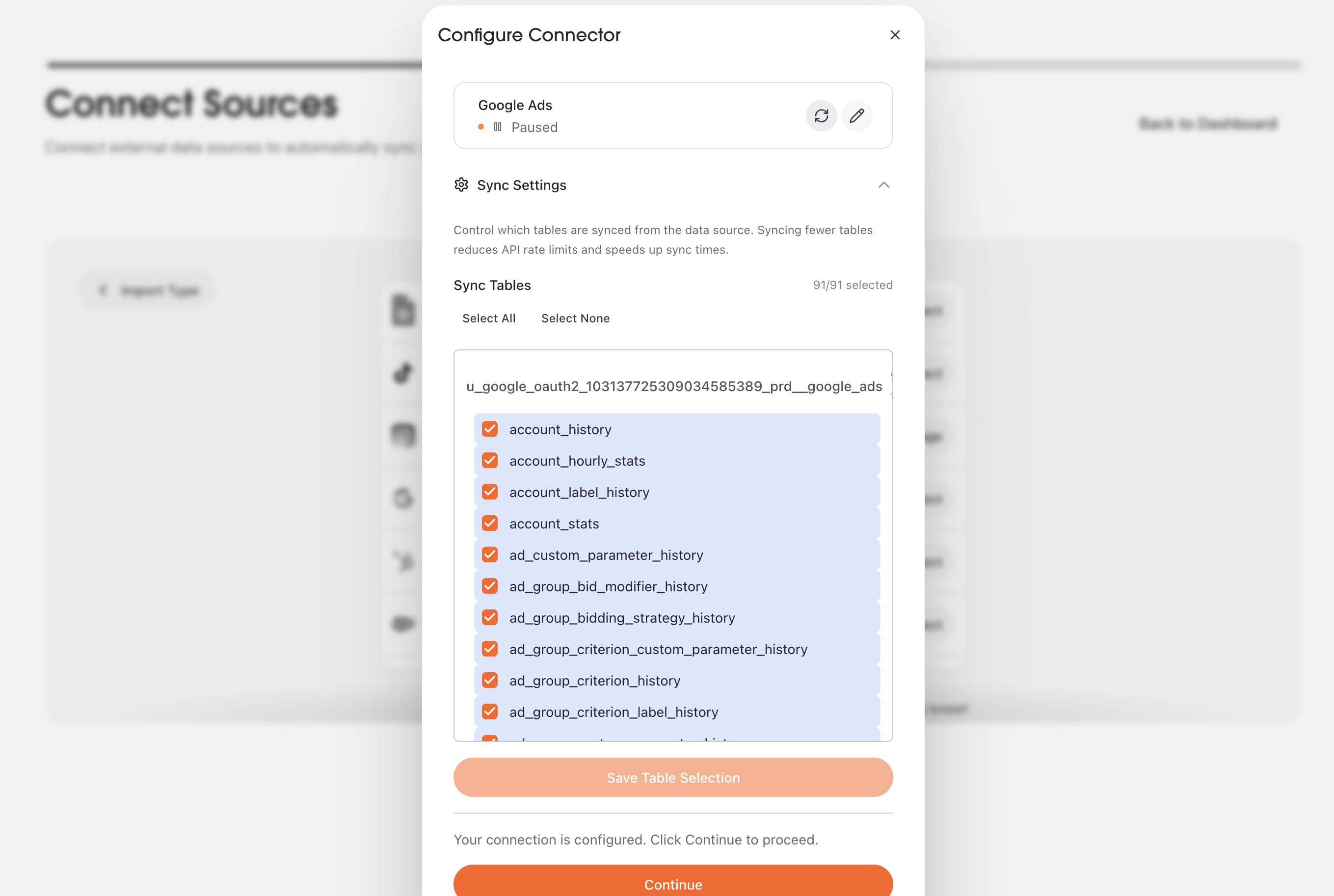 Select Google Ads tables in AstroBee