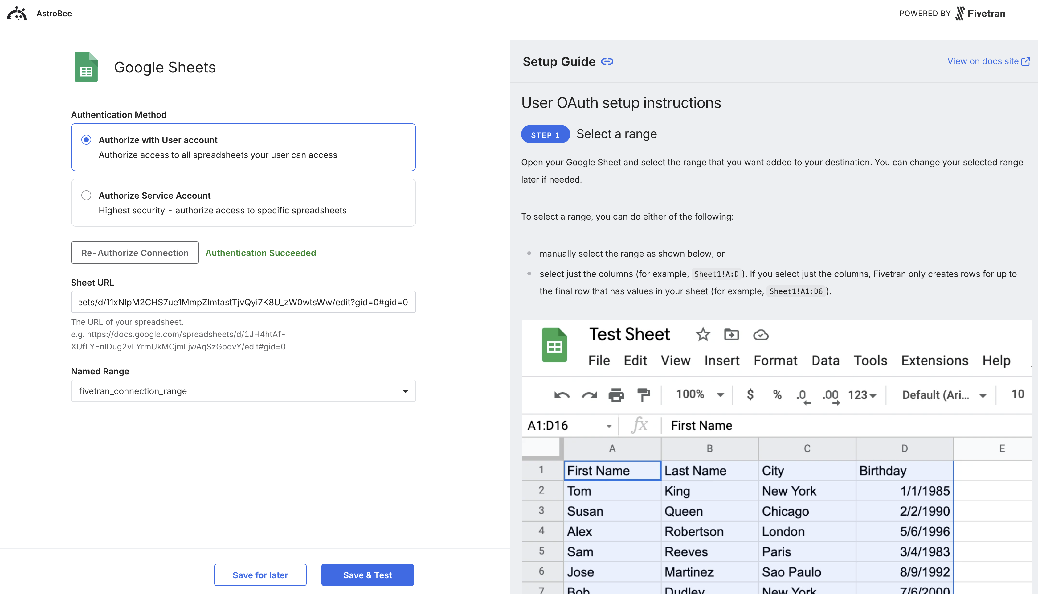 Google Sheets configuration with sheet URL and named range