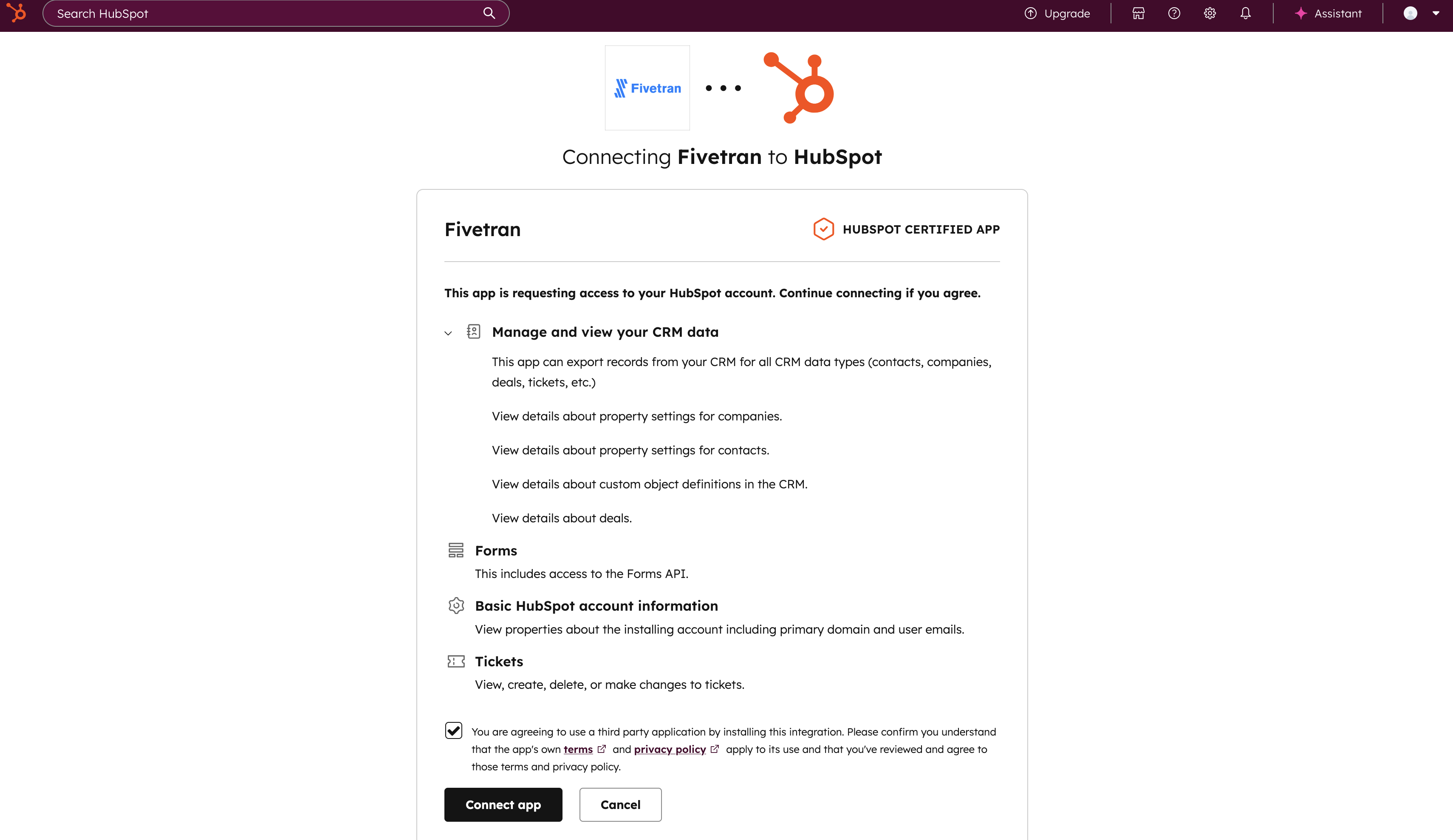 Connect Fivetran certified app to HubSpot