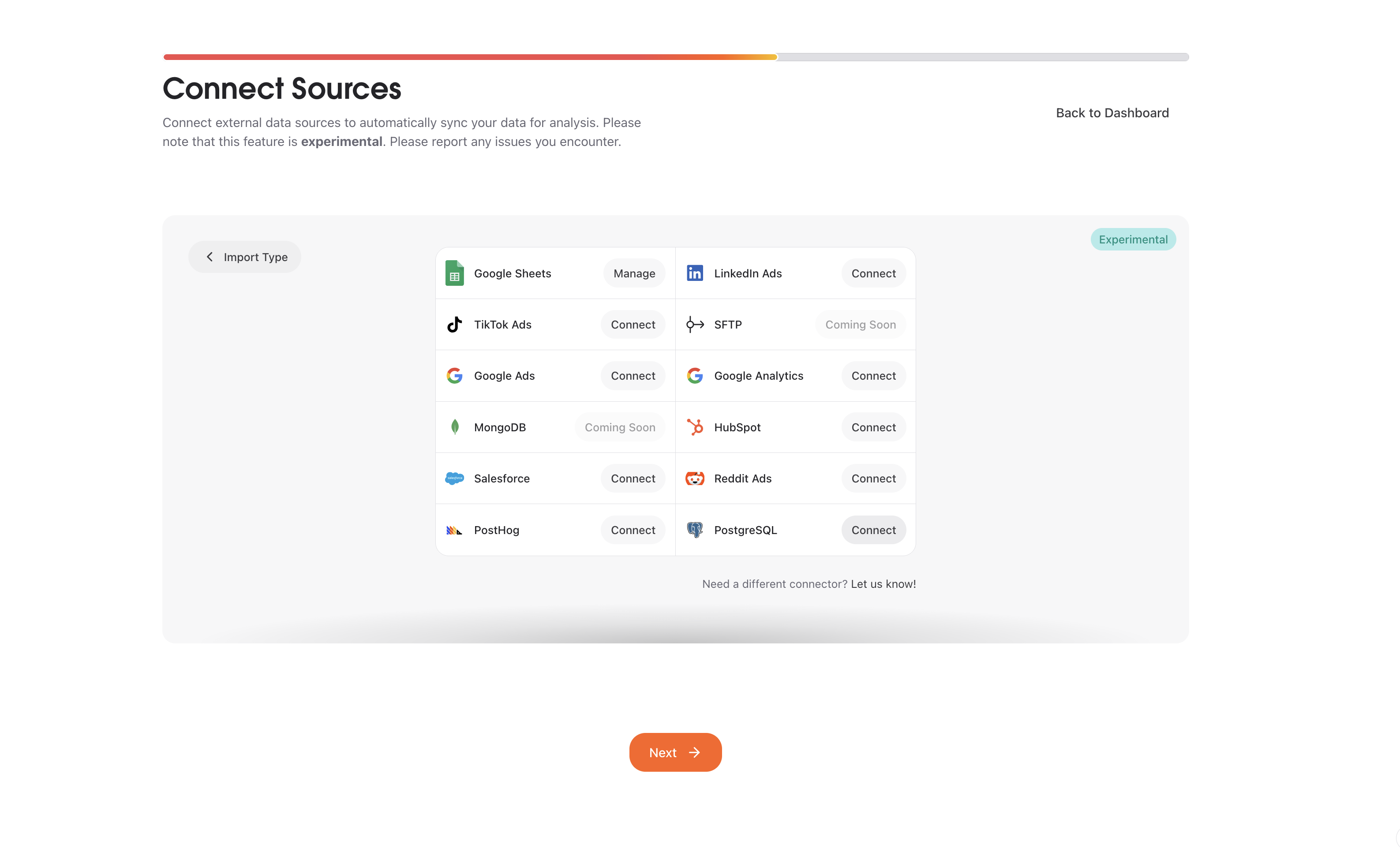 Available connectors including PostHog