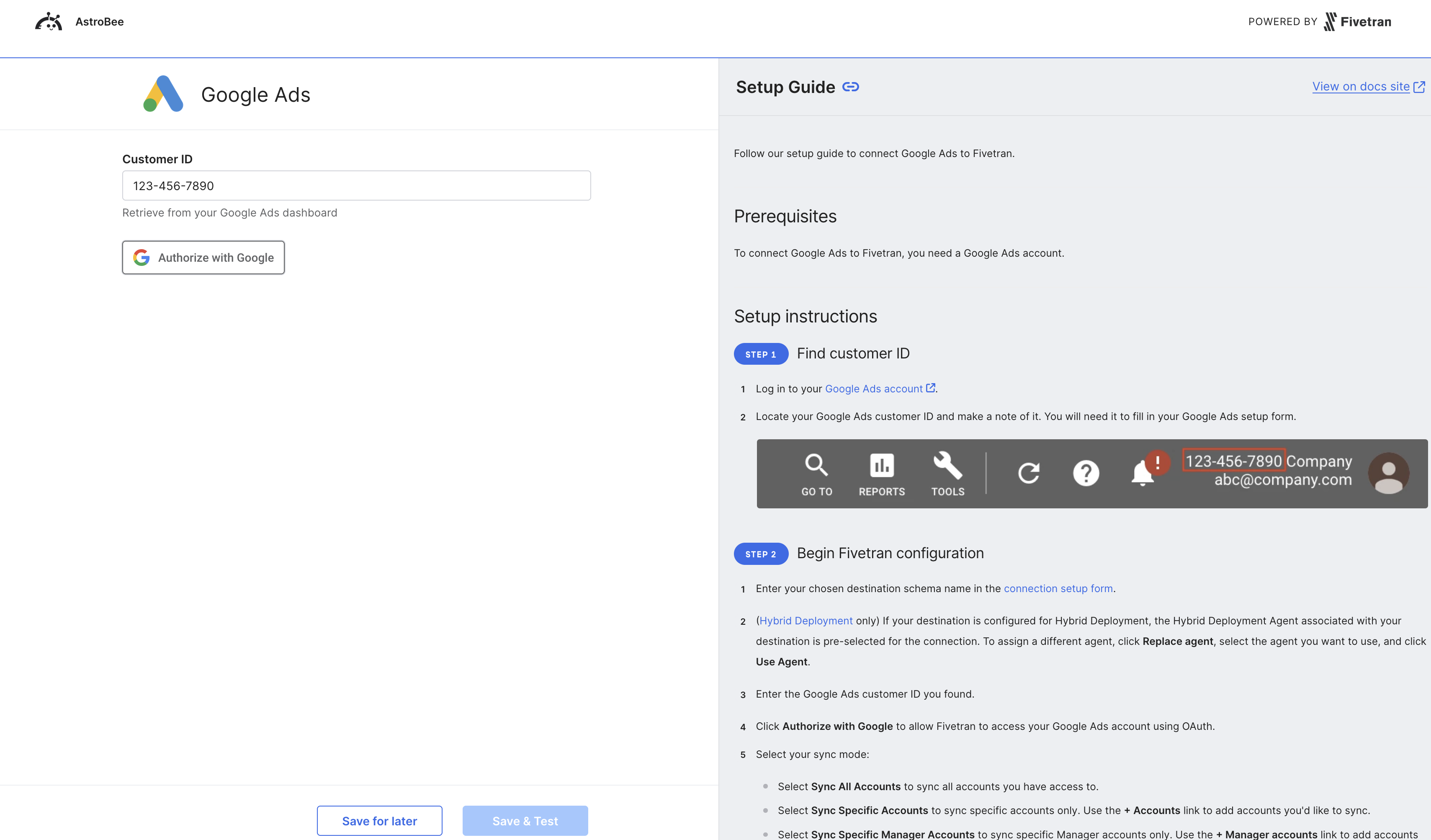 Google Ads authentication configuration