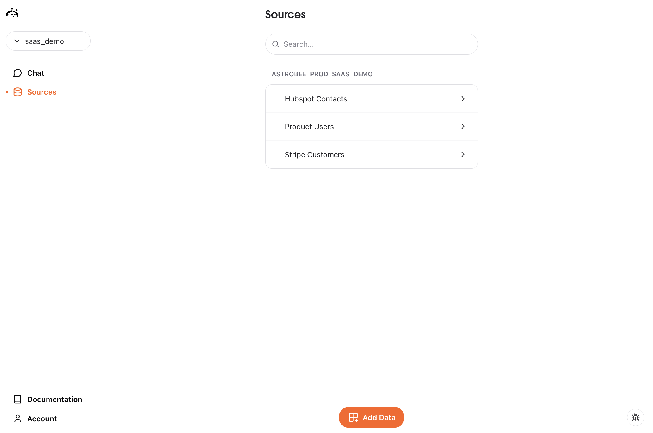 Sources interface showing list of data sources
