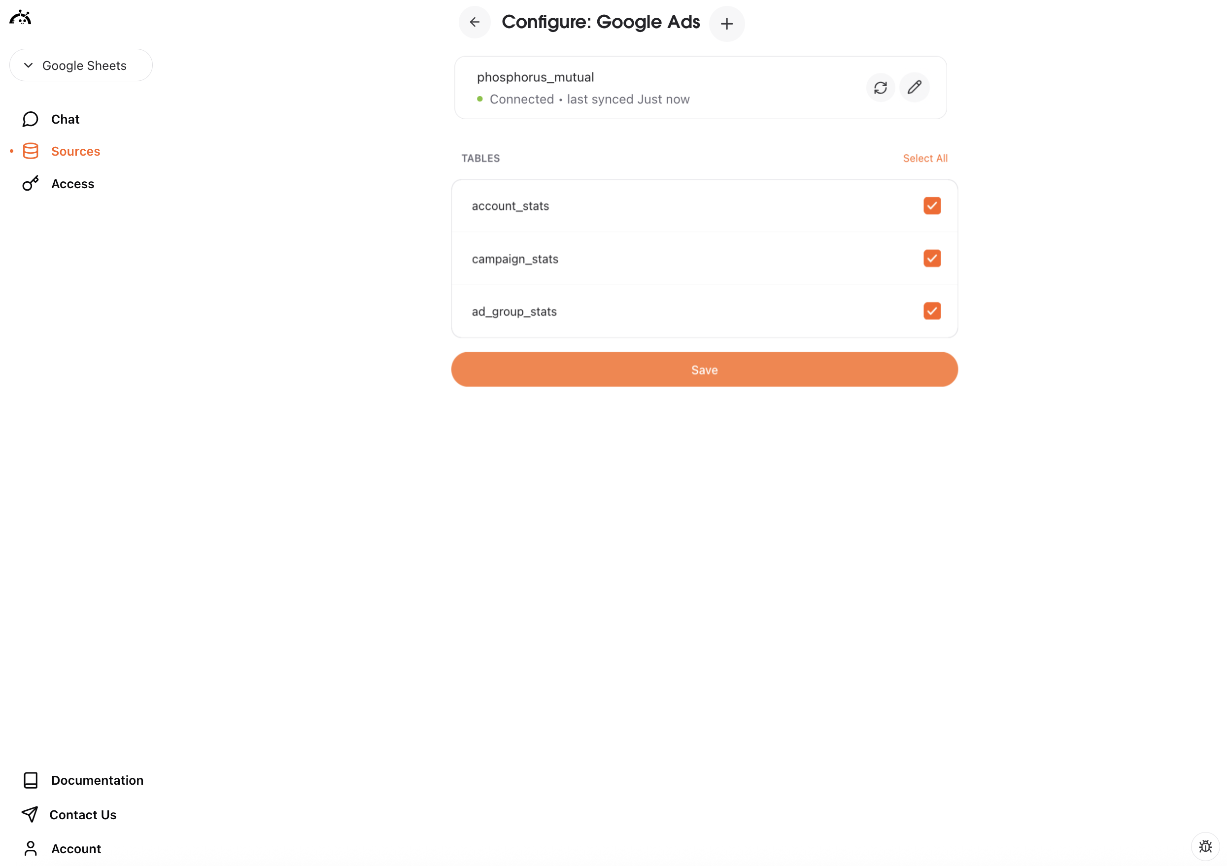 Select Google Ads tables in AstroBee