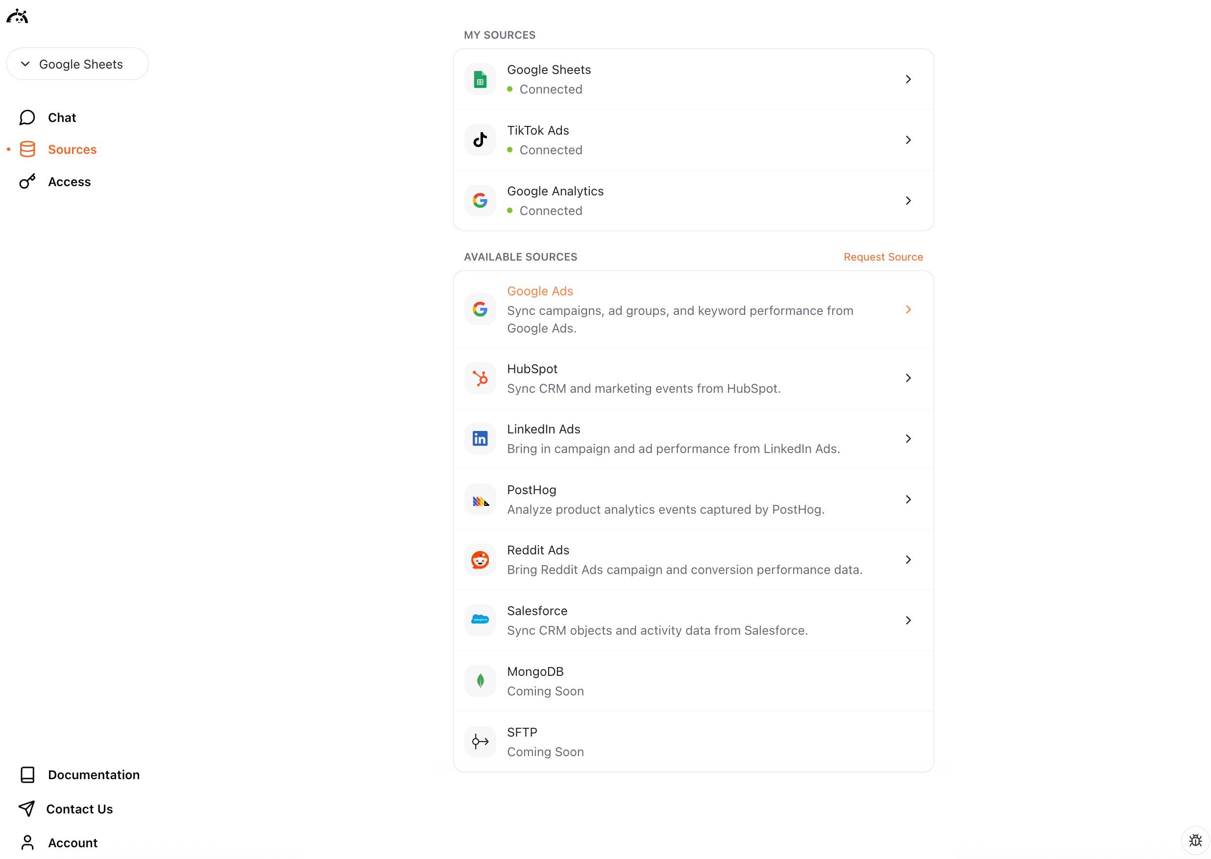 Sources page showing Google Ads connector