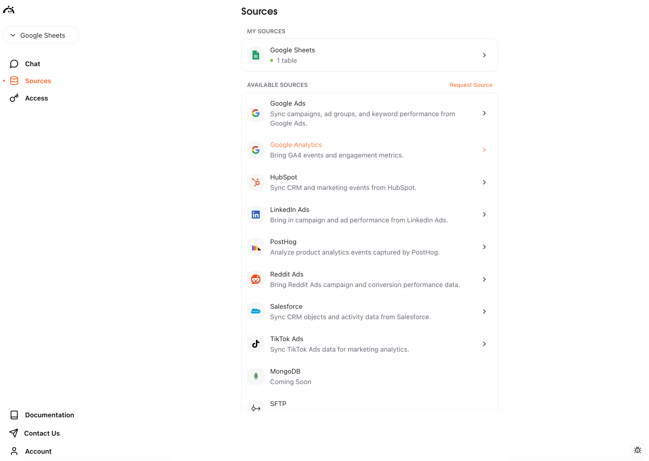 Sources page showing Google Analytics connector