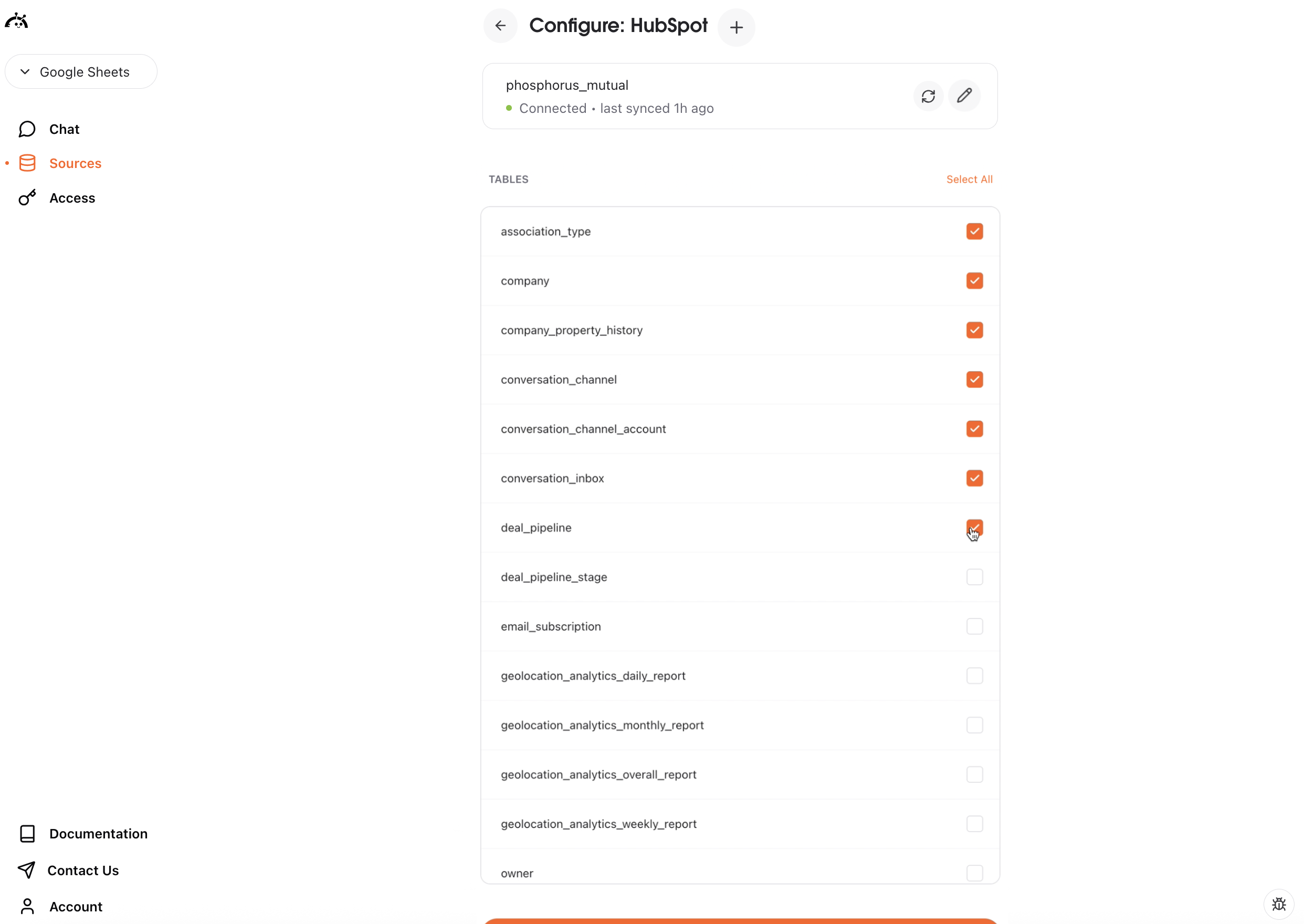 Select HubSpot tables in AstroBee
