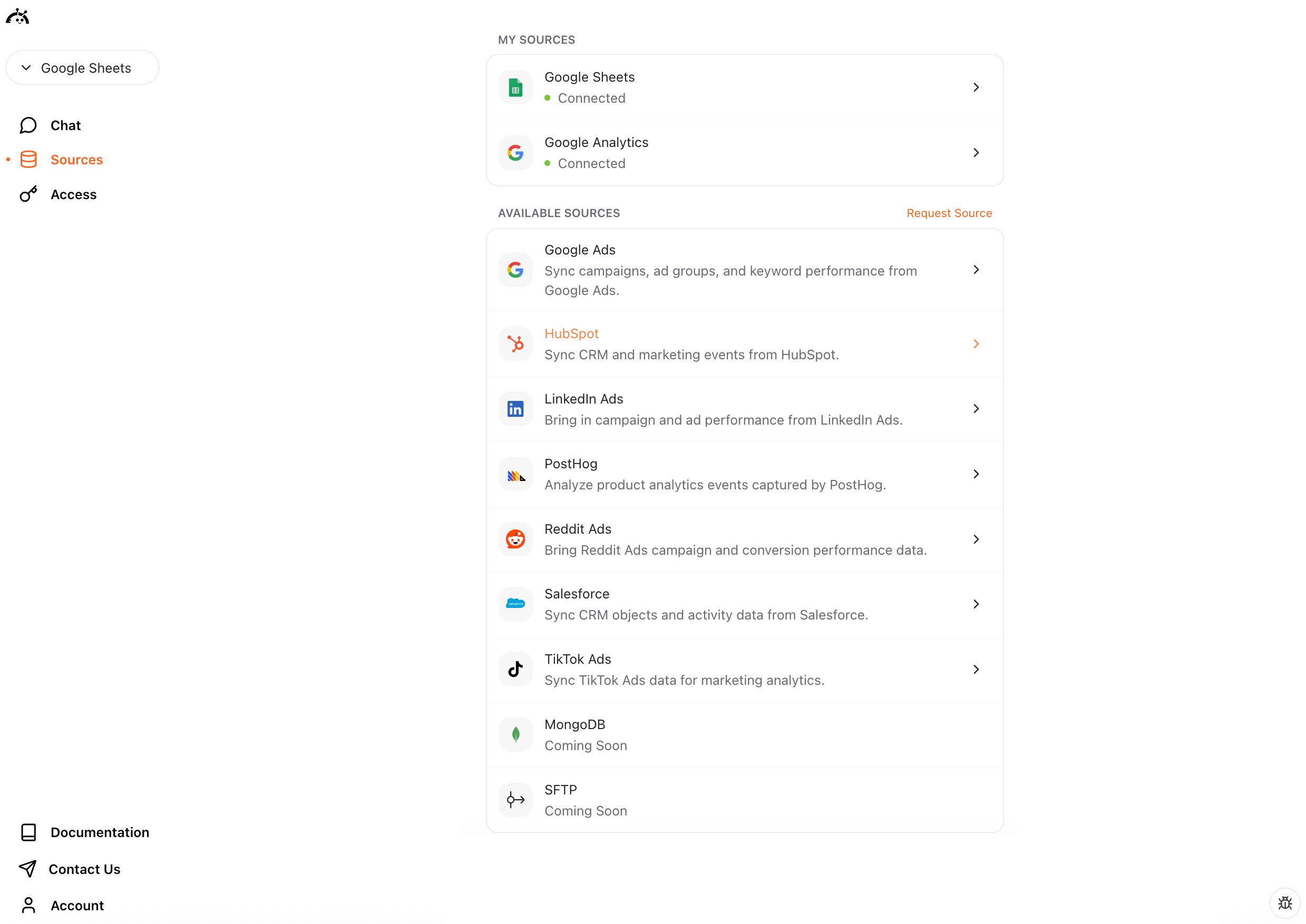 Sources page showing HubSpot connector