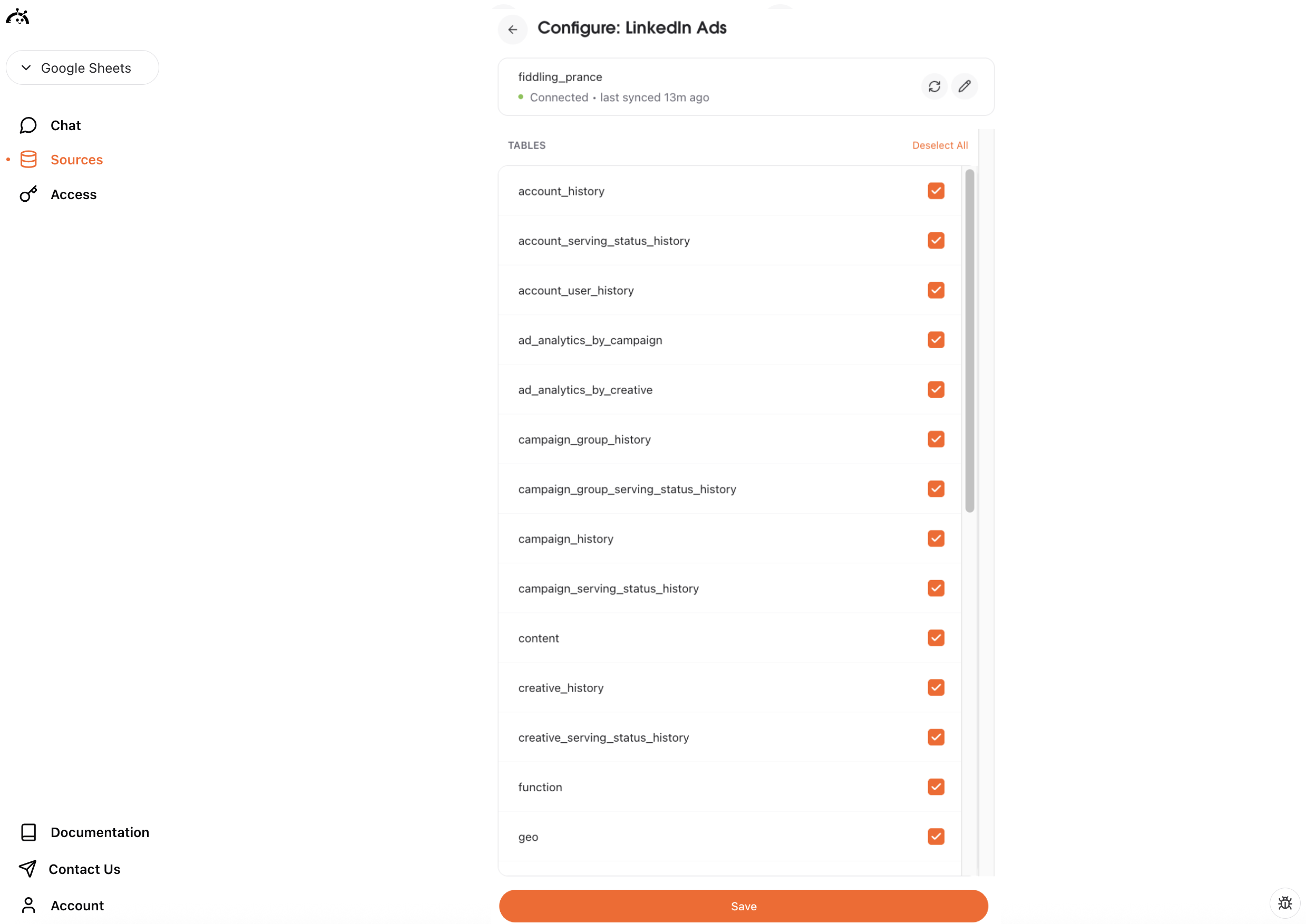 Select LinkedIn Ads tables in AstroBee