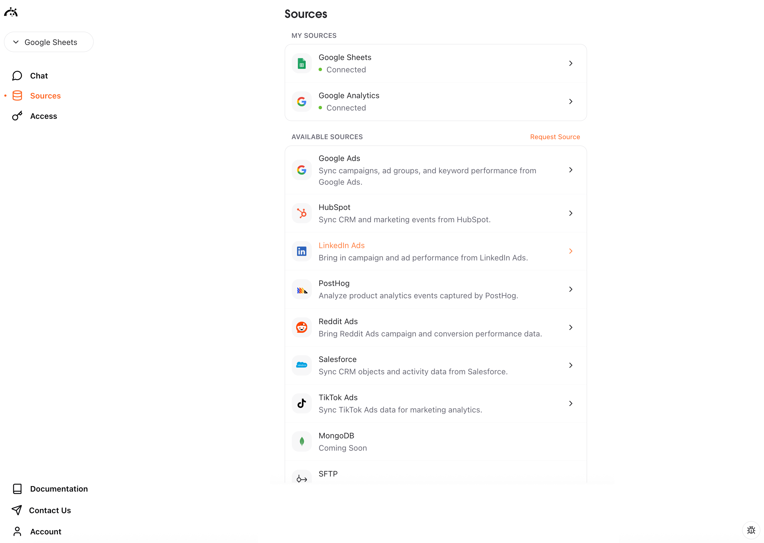 Sources page showing LinkedIn Ads connector