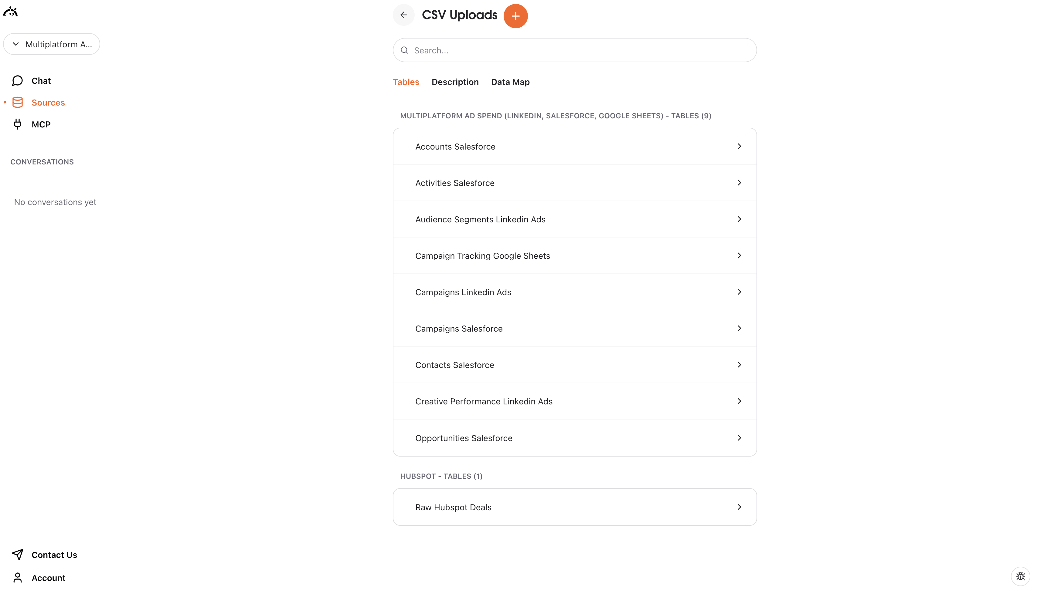 CSV Uploads page showing grouped tables from multiple data sources