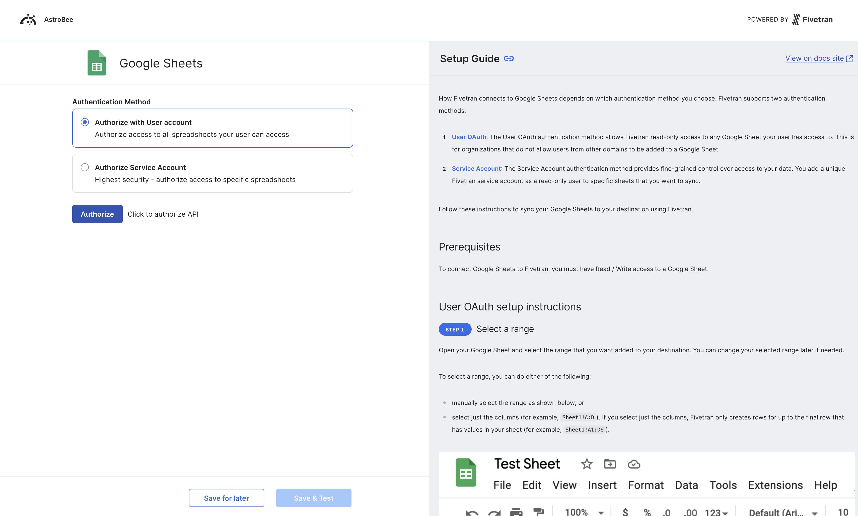 Google Sheets authentication and configuration