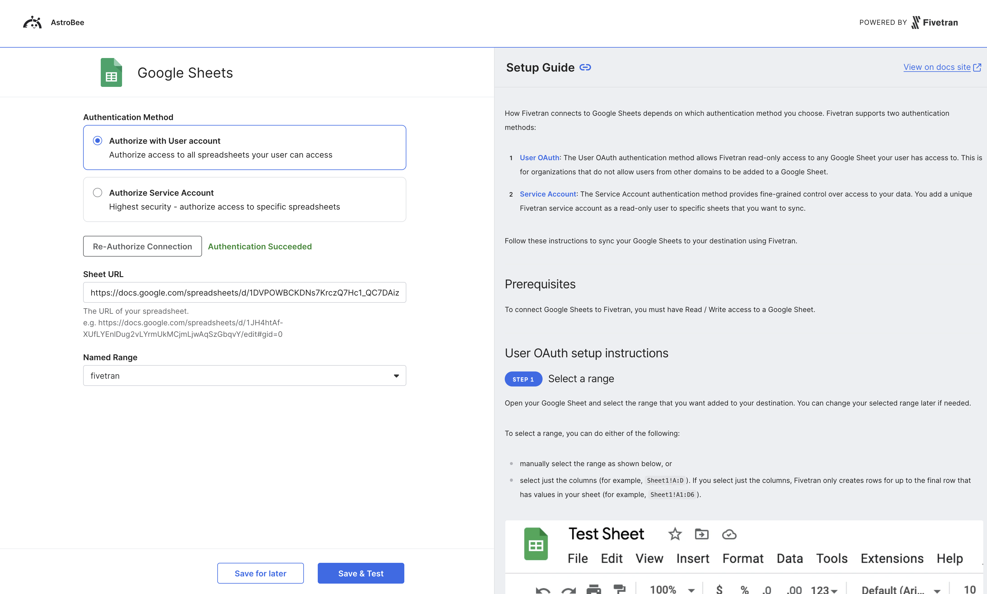 Successful authentication with sheet configuration