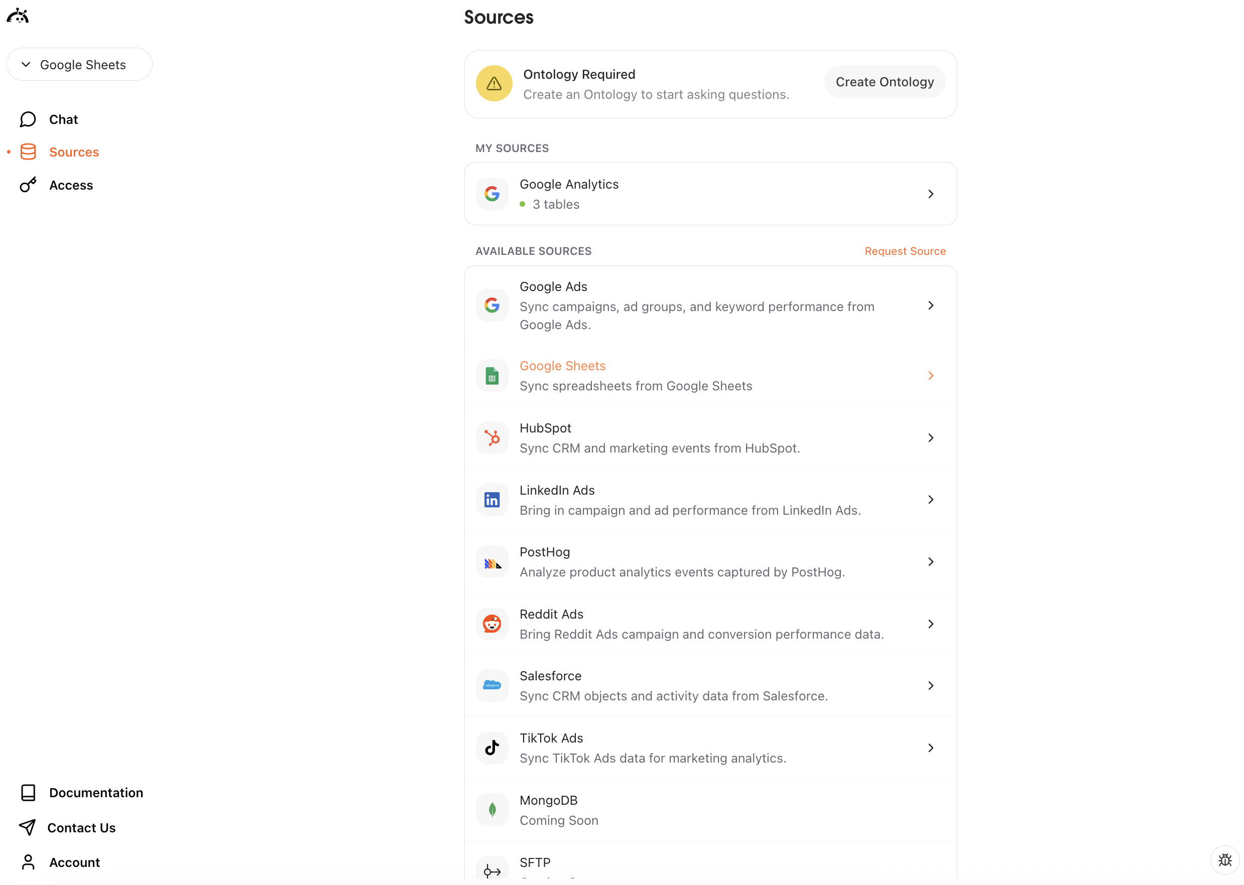 Sources page showing Google Sheets connector