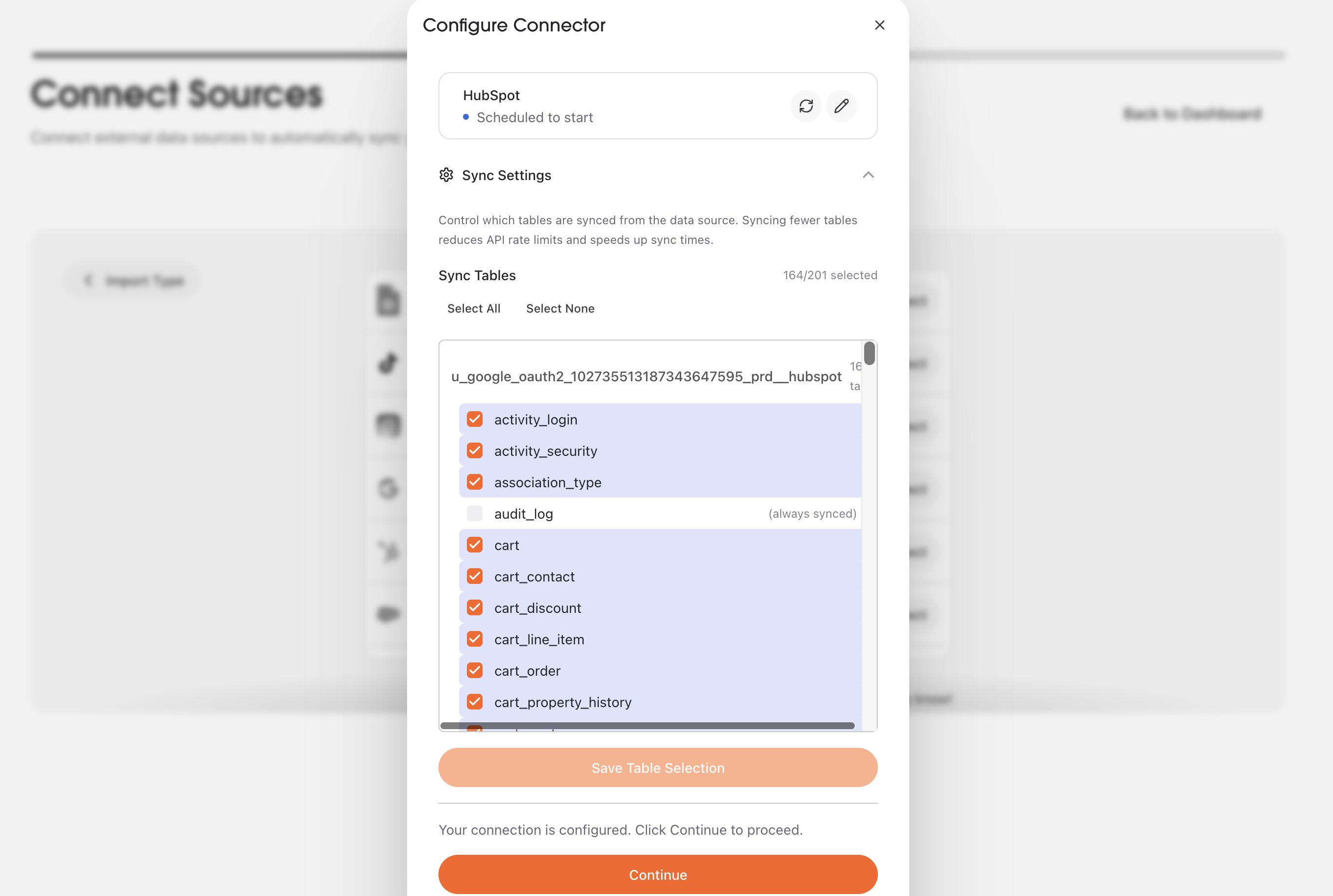 Select HubSpot tables in AstroBee