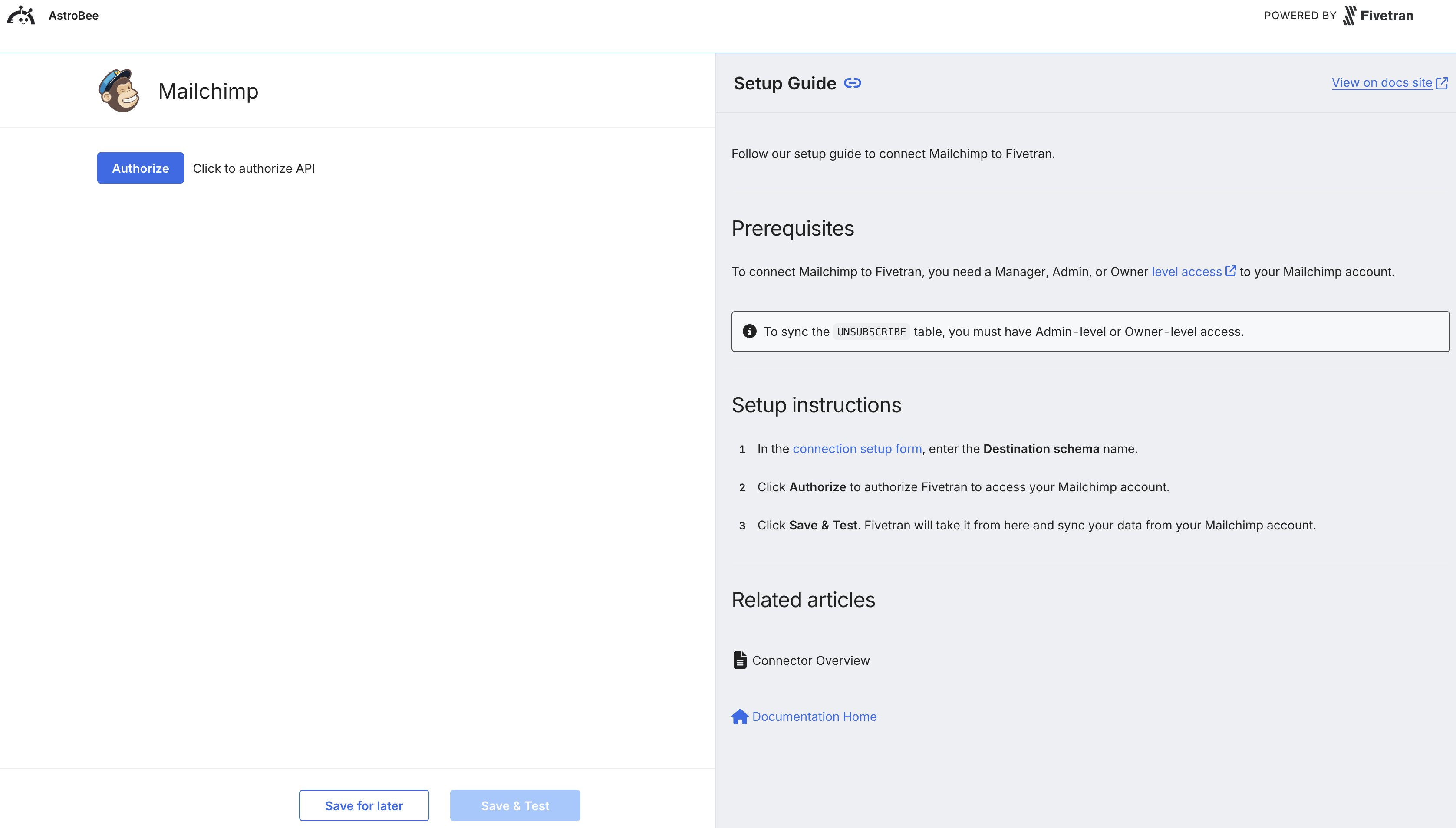 Mailchimp authentication configuration