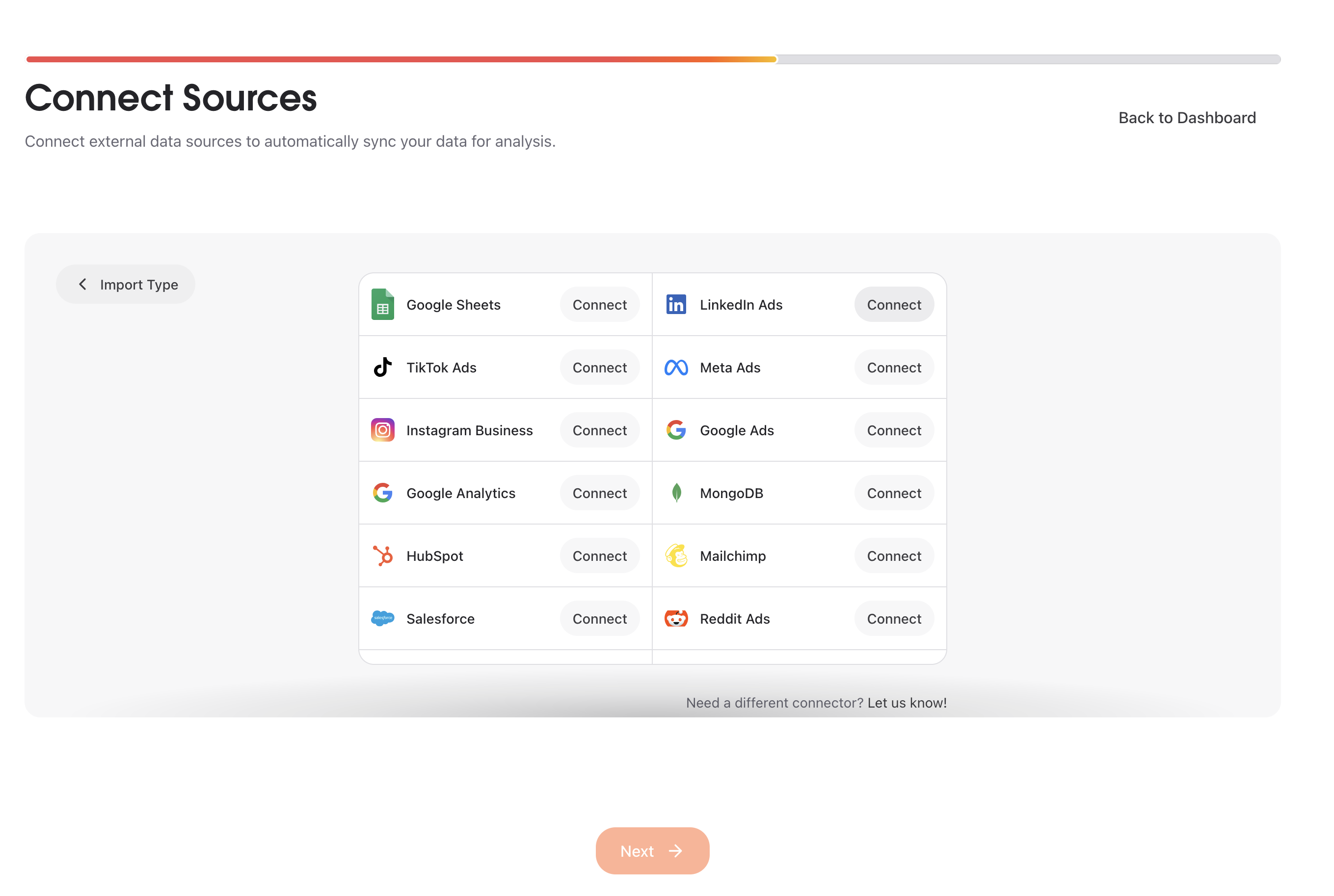 Available connectors including Mailchimp
