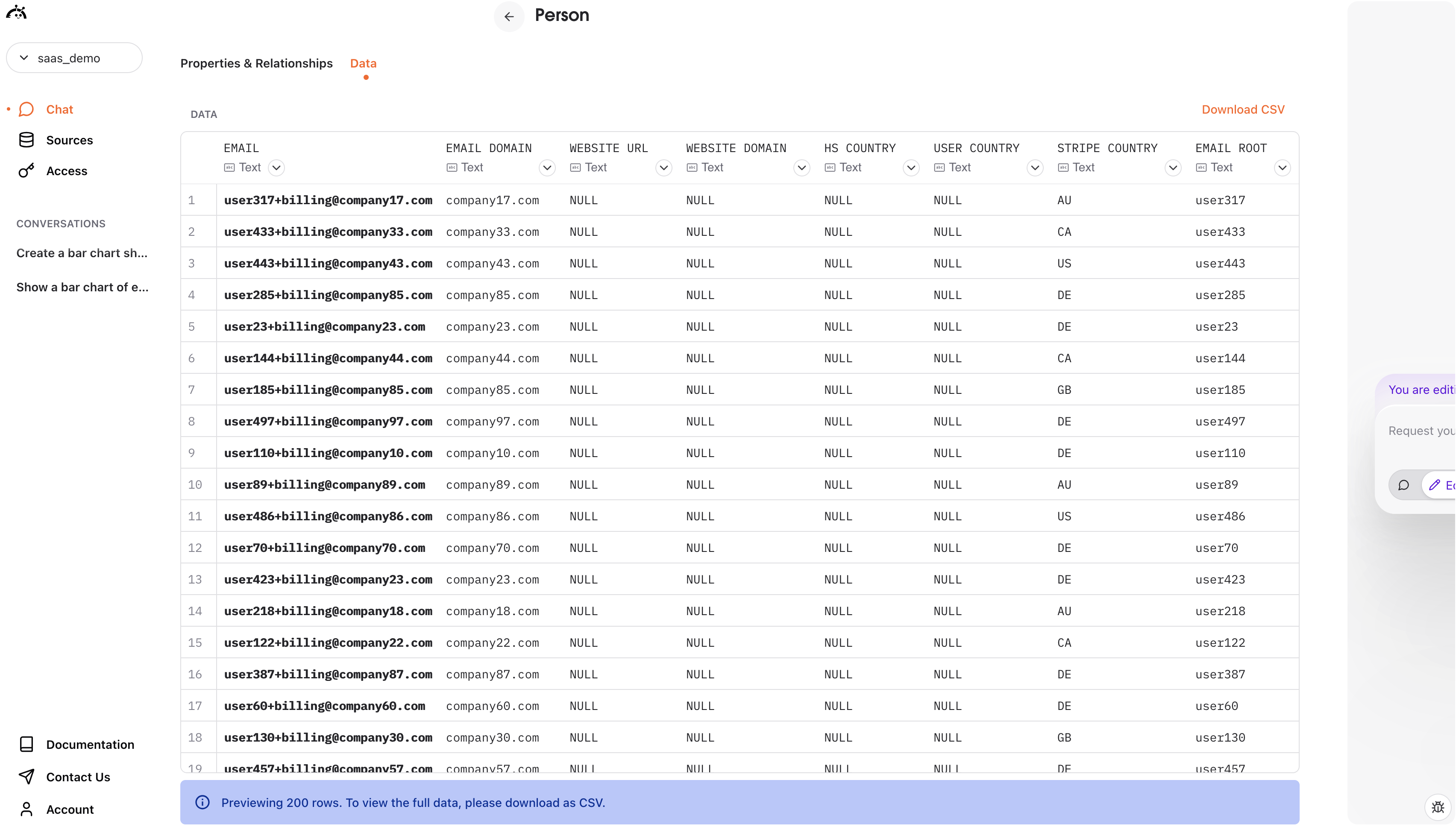 Data tab showing actual records from the selected entity
