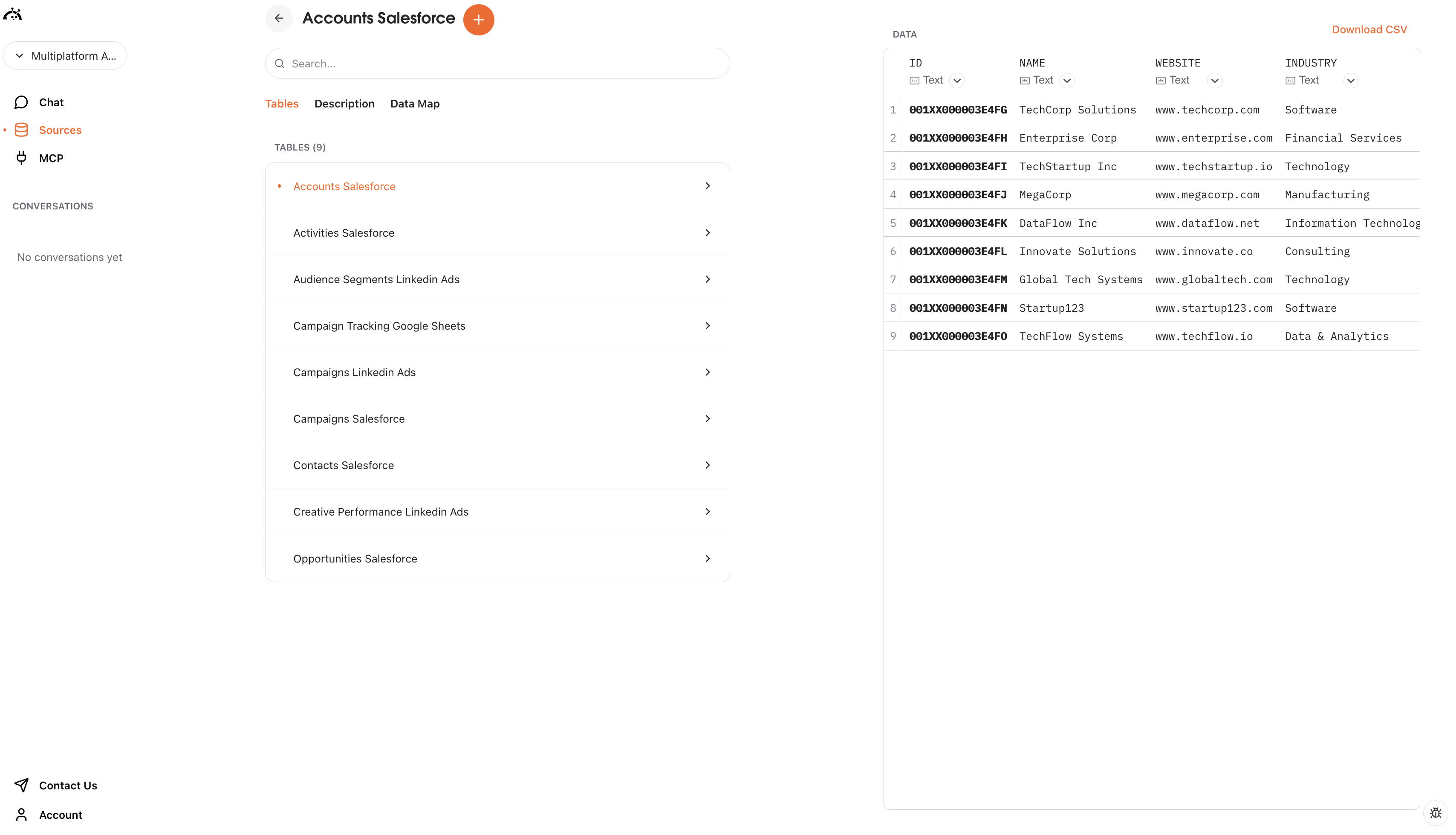 CSV source showing list of tables