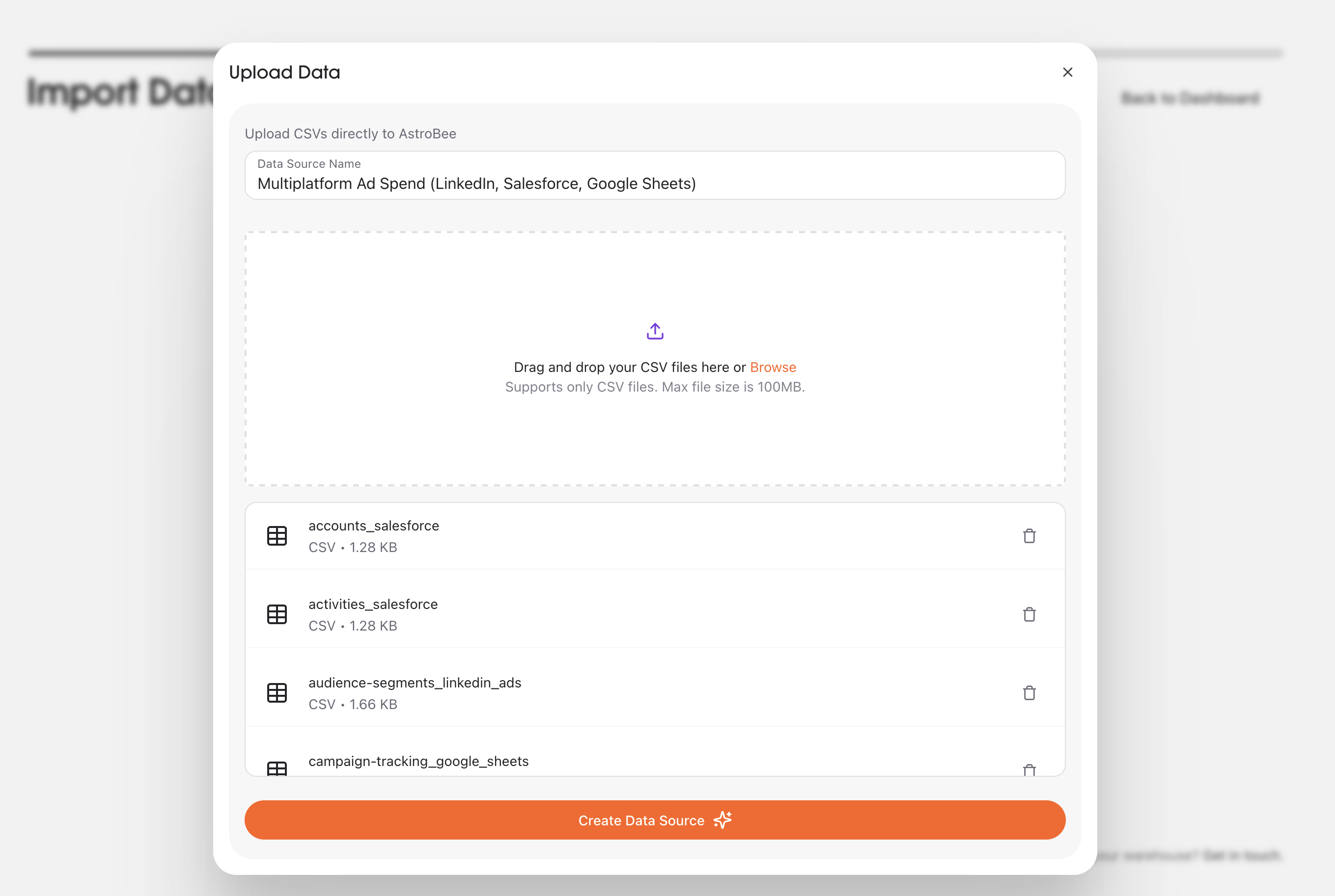Upload Data modal with Data Source Name and file list