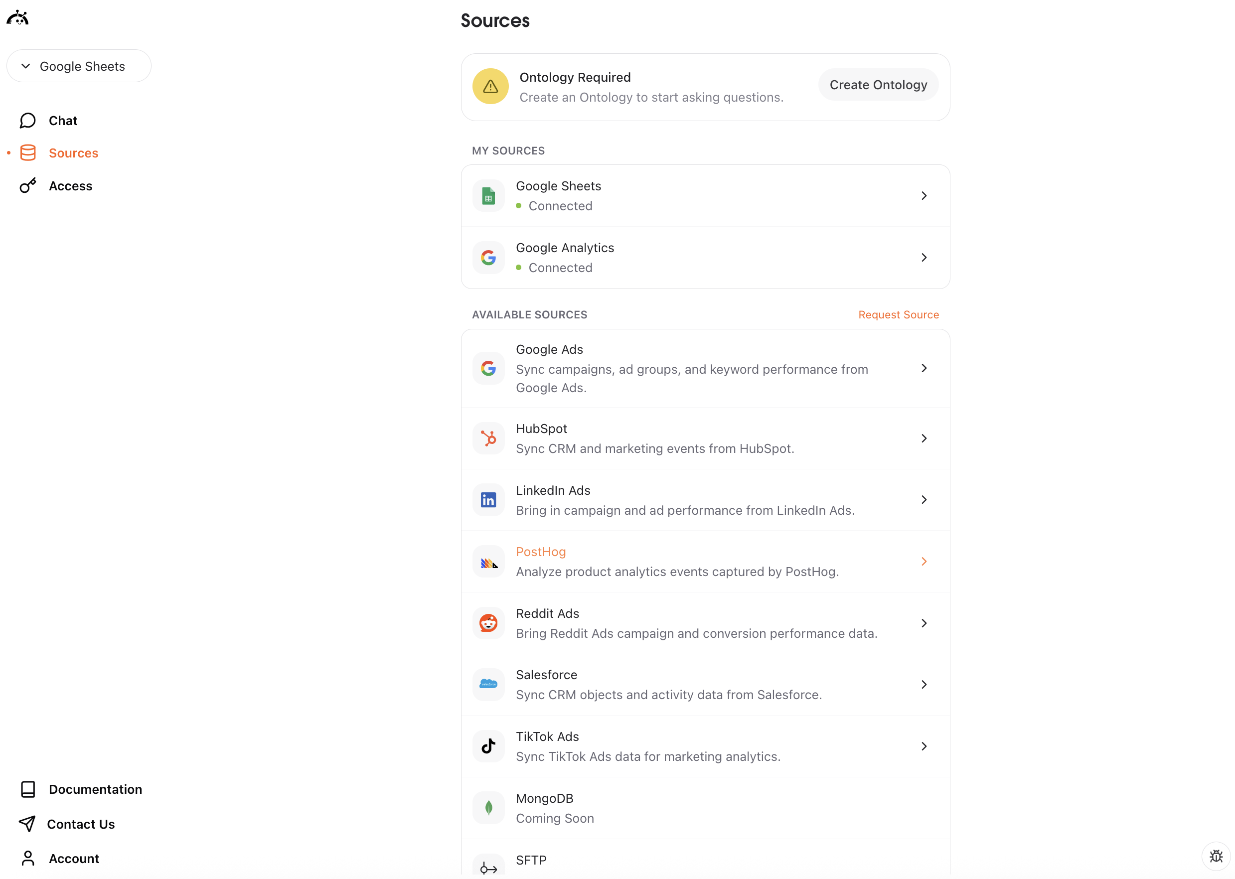 Sources page showing PostHog connector