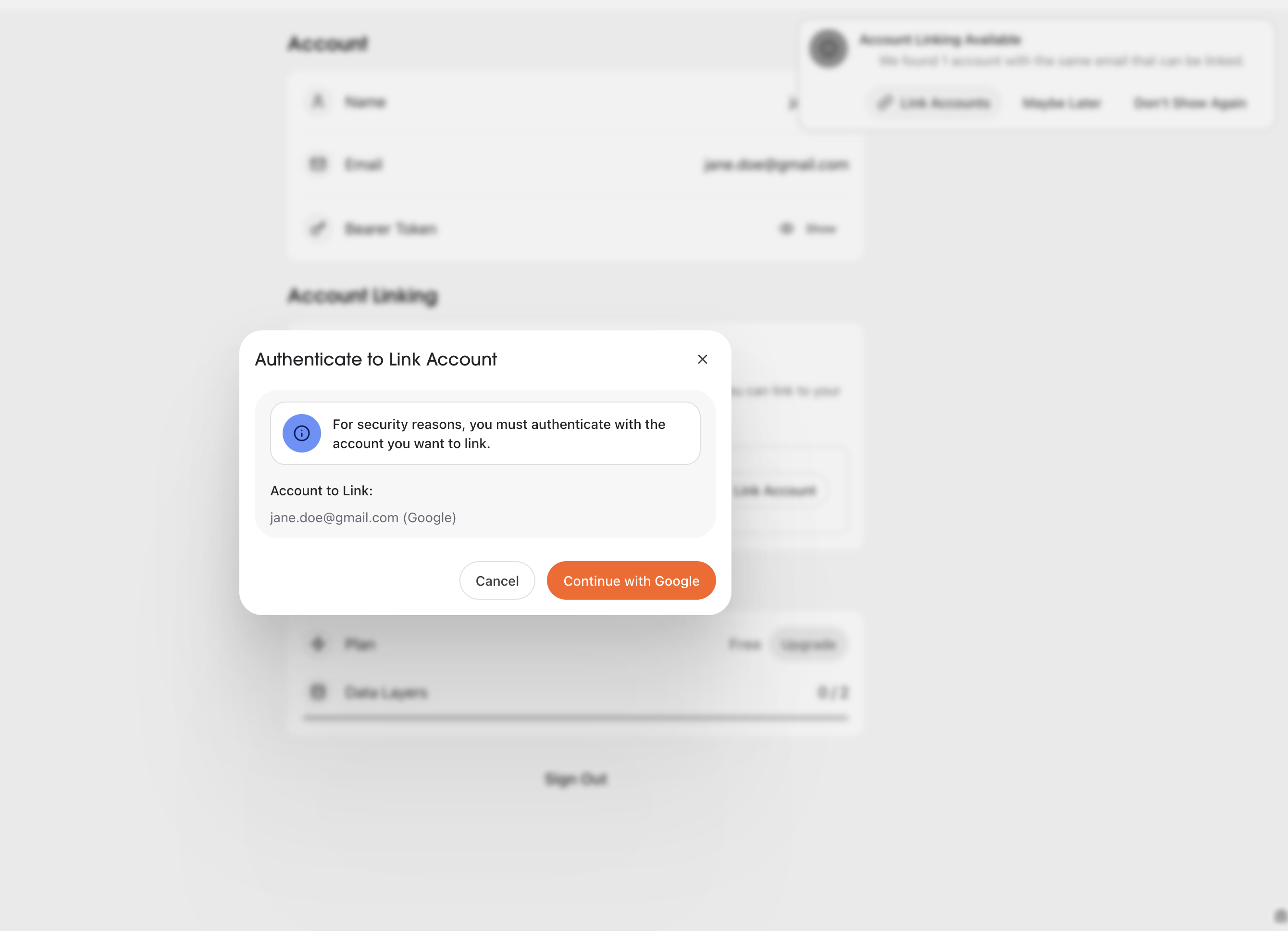 Authentication modal to link account