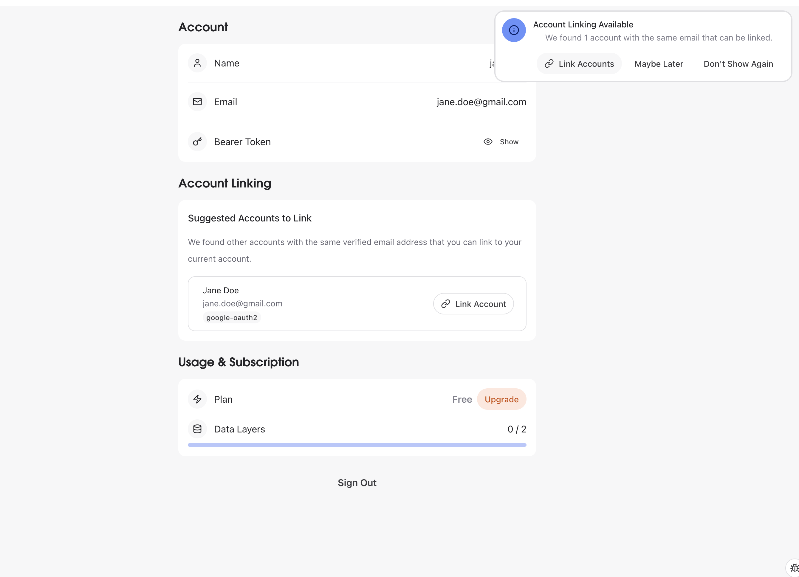 Account Linking notification and suggested accounts