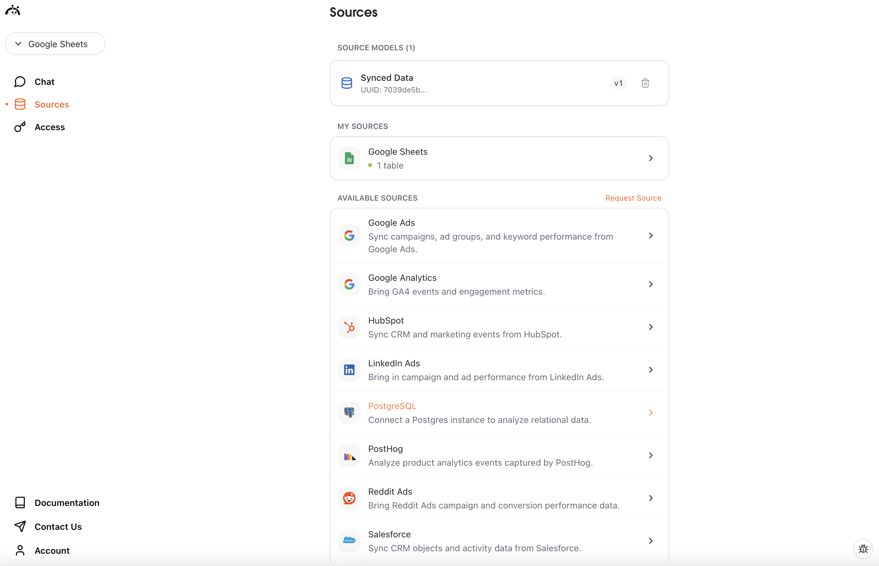 Sources page showing PostgreSQL connector