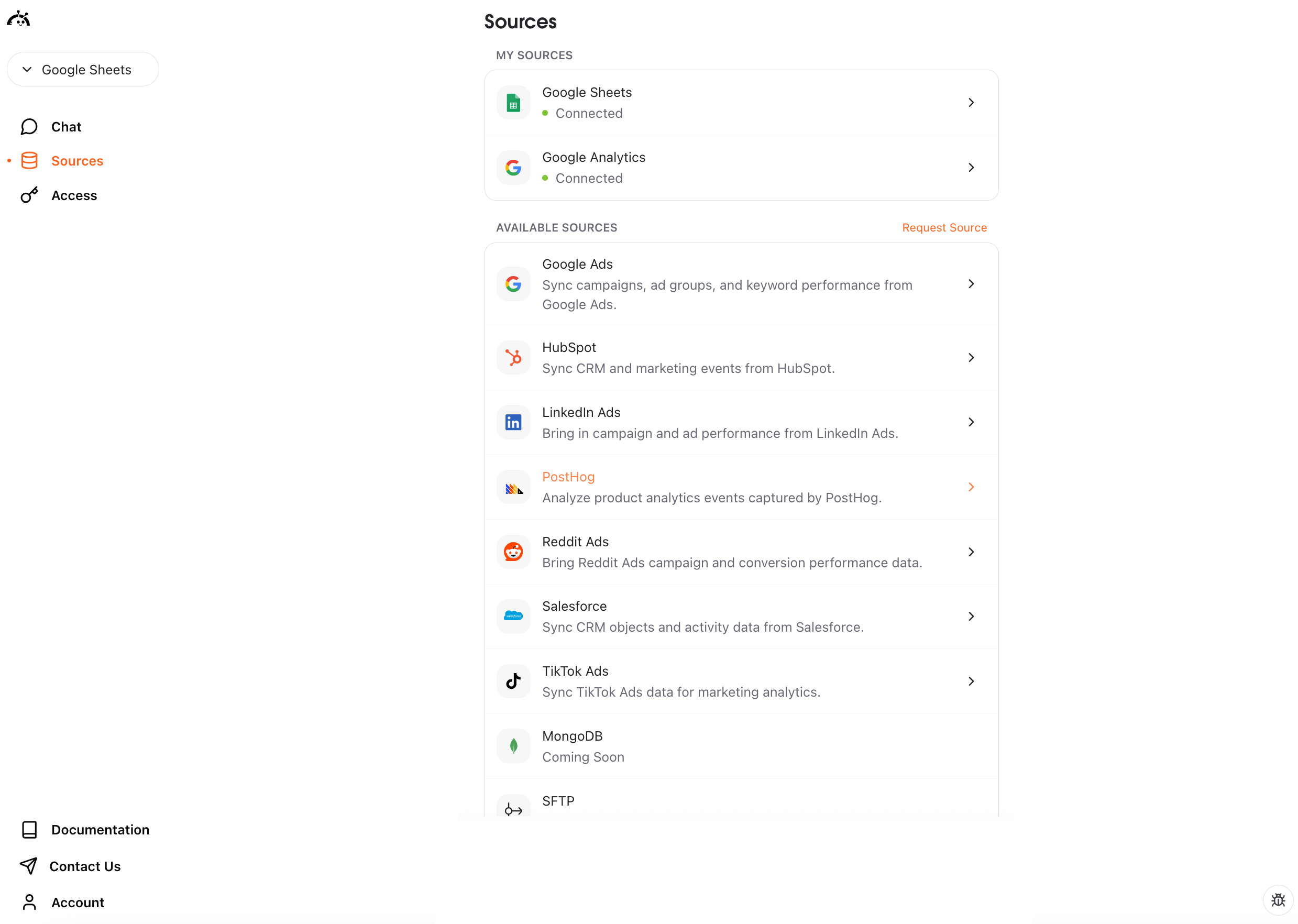 Sources page showing PostHog connector