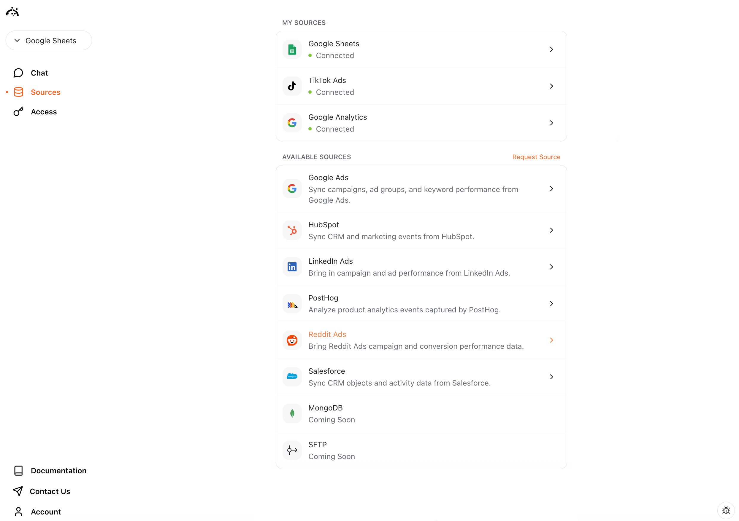 Sources page showing Reddit Ads connector
