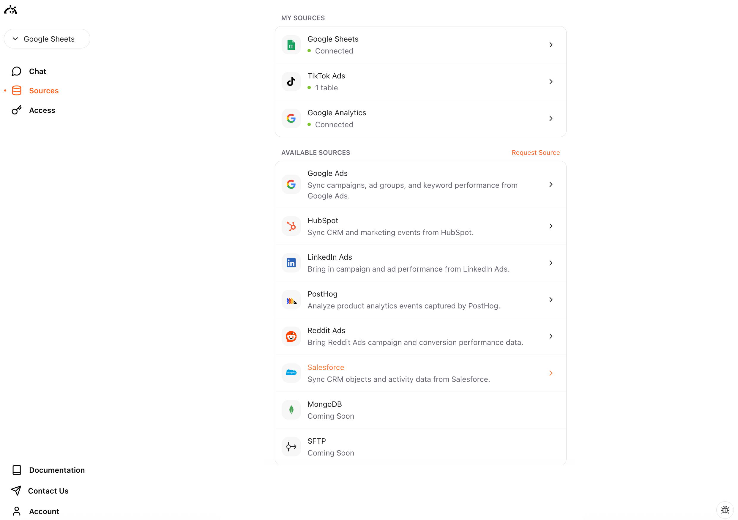 Sources page showing Salesforce connector
