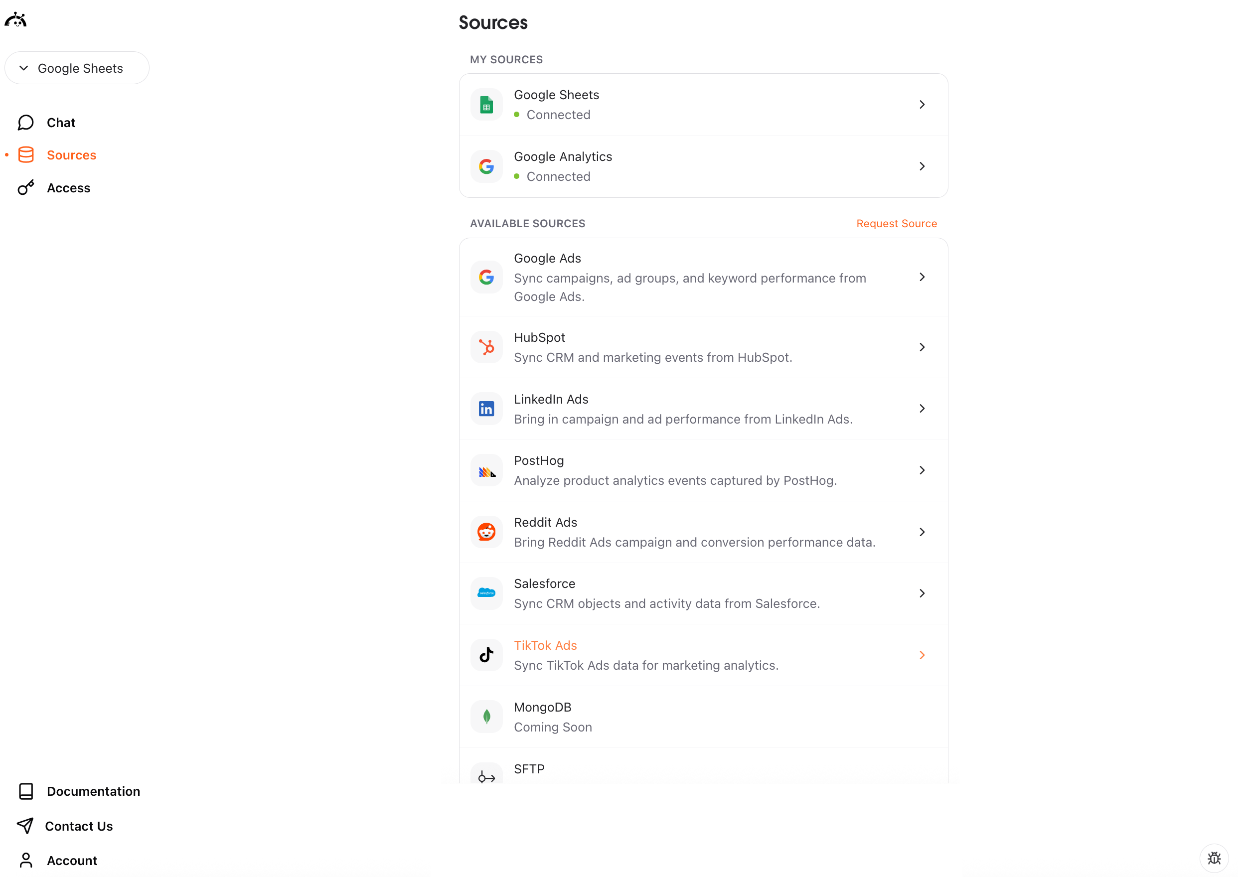 Sources page showing TikTok Ads connector