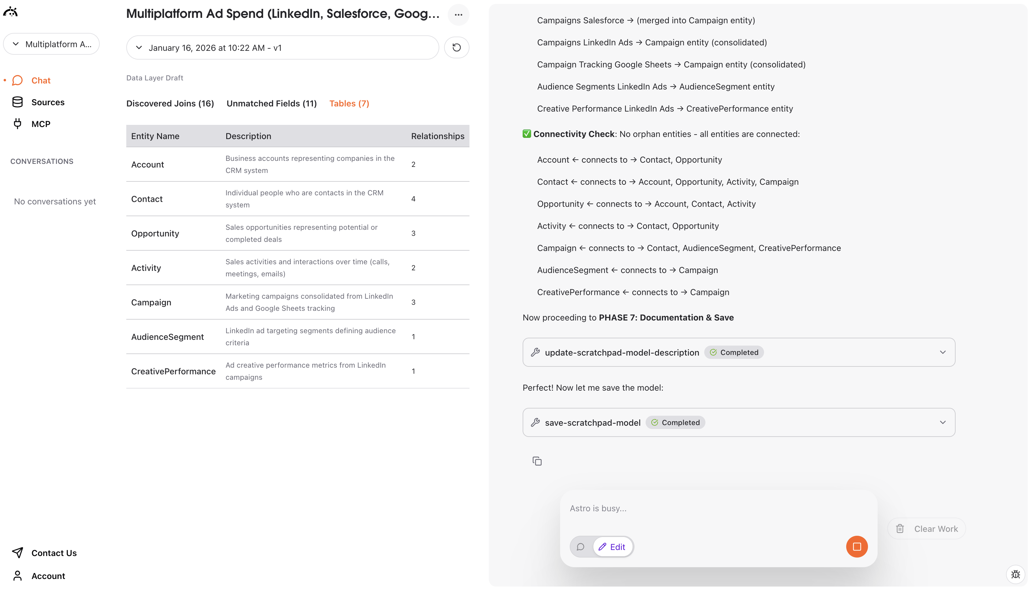 Completed data layer showing entities and agent summary