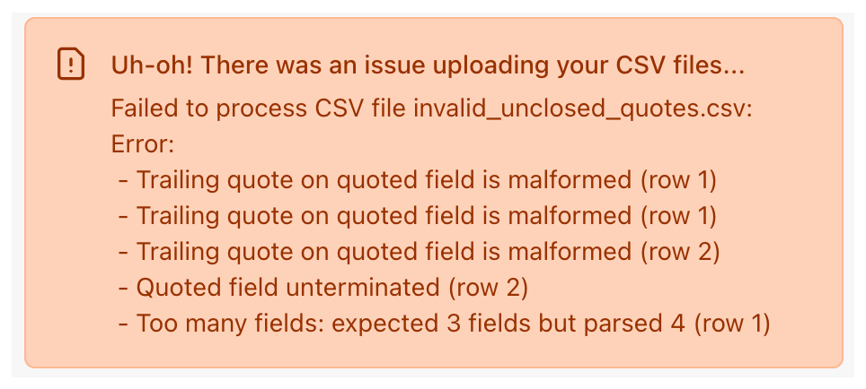 CSV parsing error message