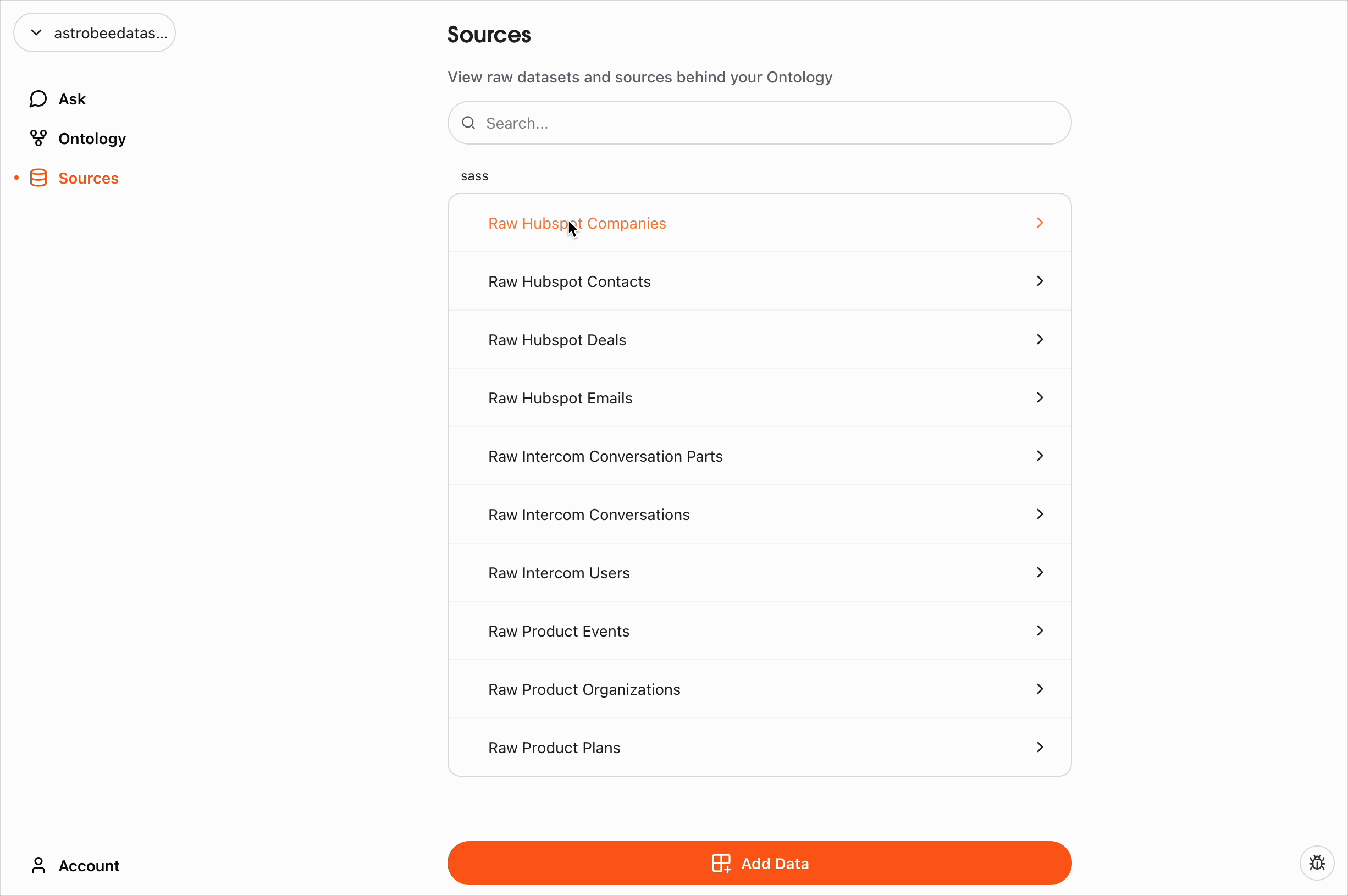 Sources view showing uploaded CSV tables